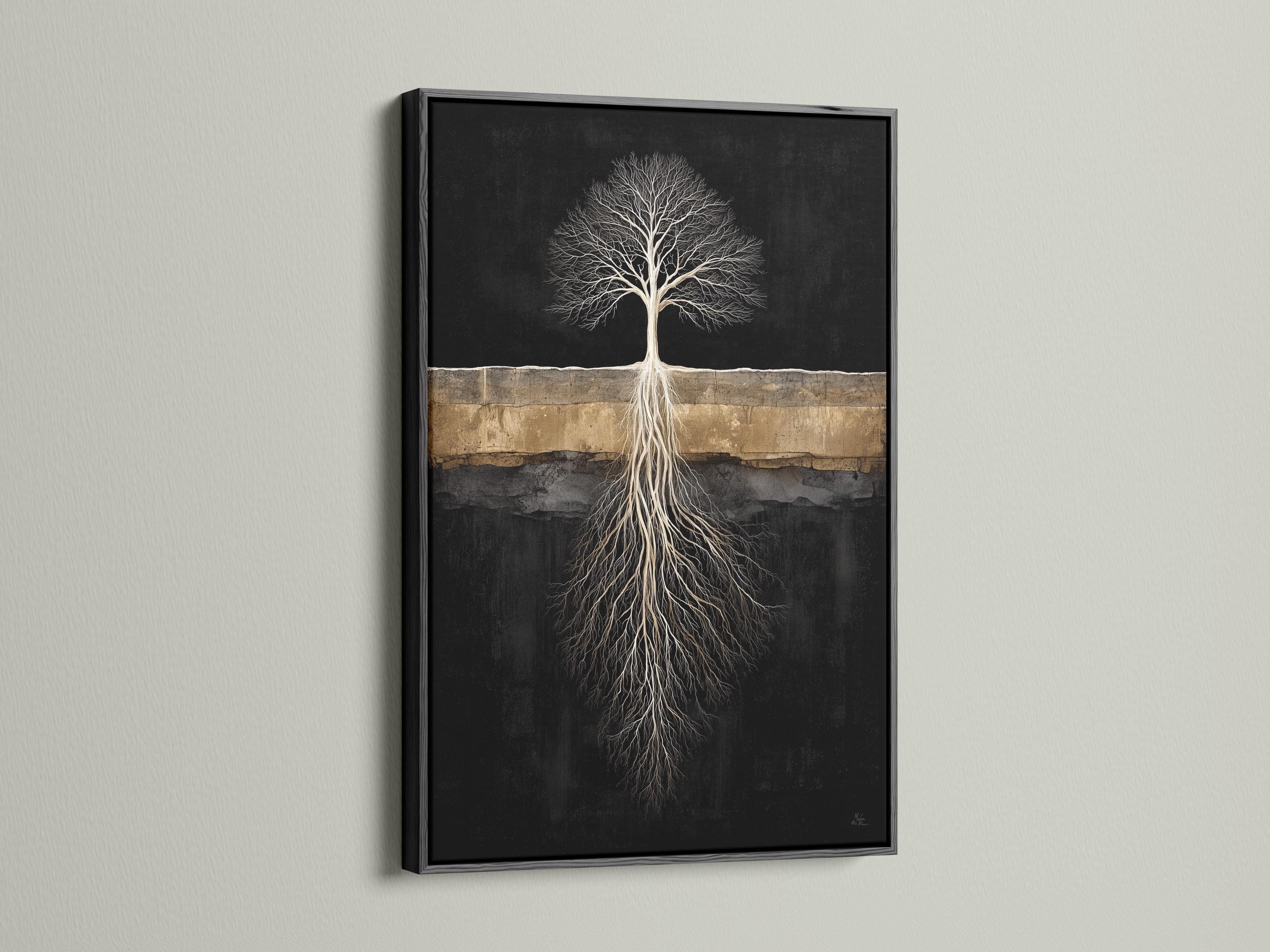 Room mockup with a person reading and a dark tree roots artwork above a bed