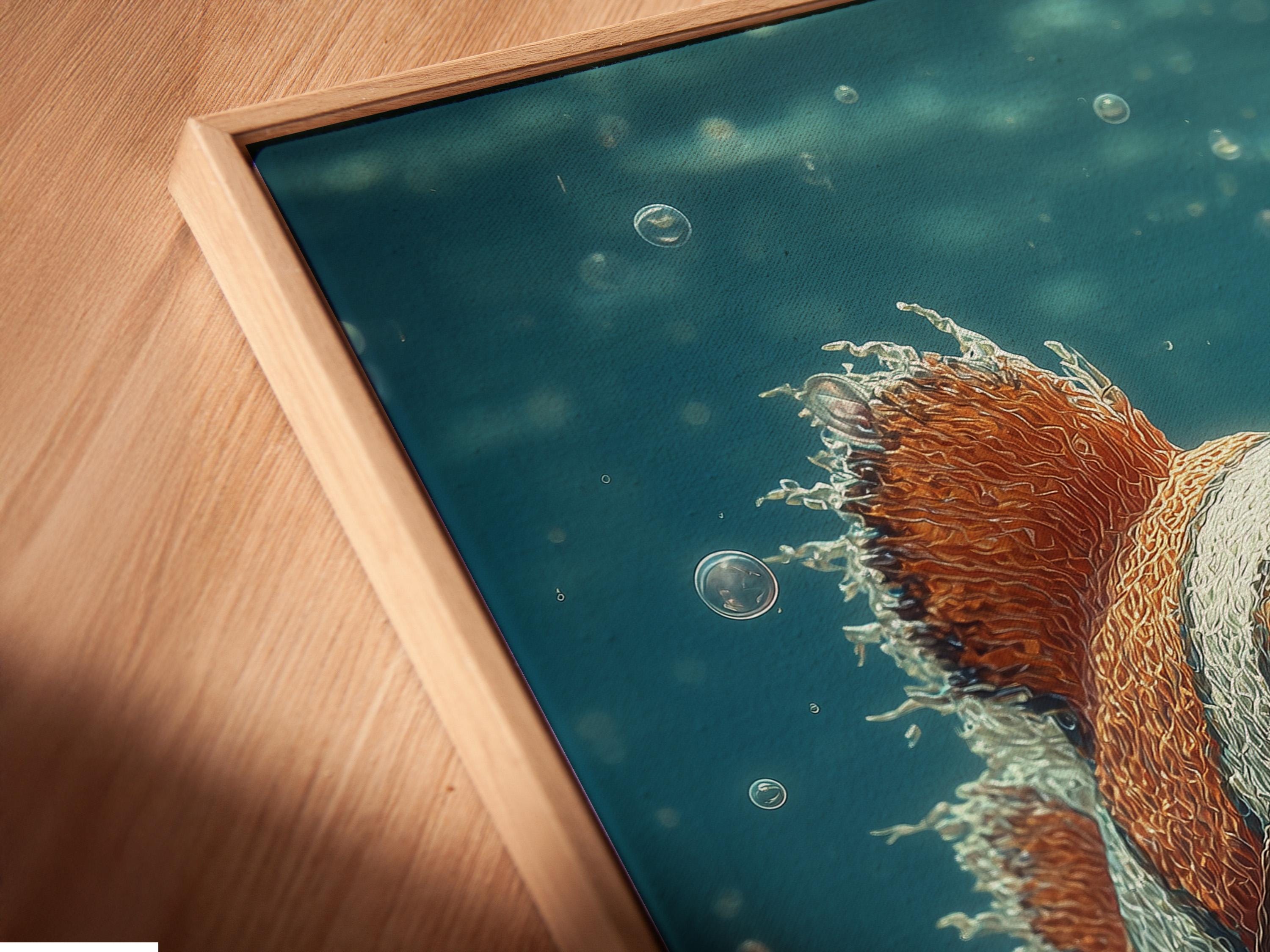 Illustrated clownfish swimming underwater with orange coral, bubbles, and wispy smoke-like curls detail view