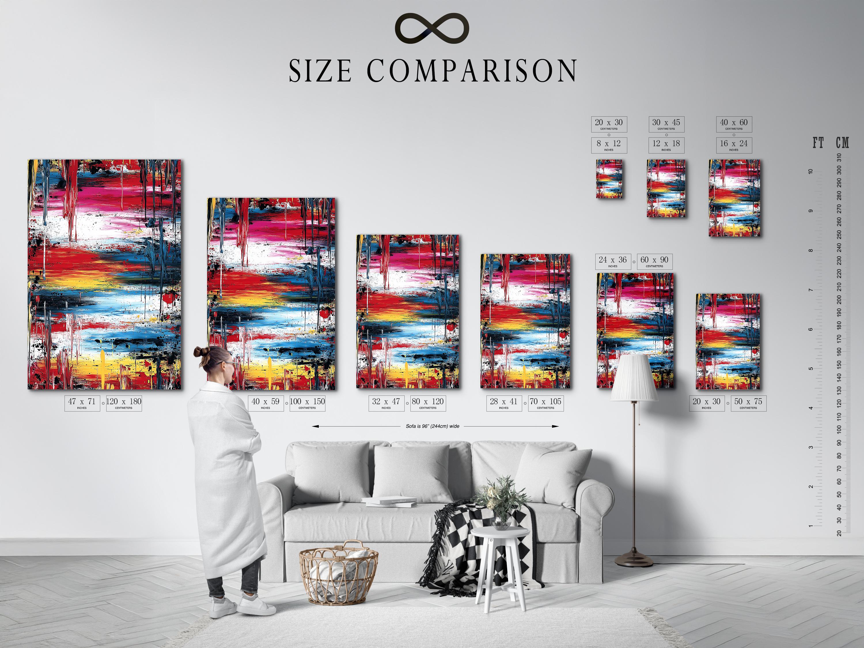 Abstract expressionist painting with red, blue, yellow, white and dark drips detail view