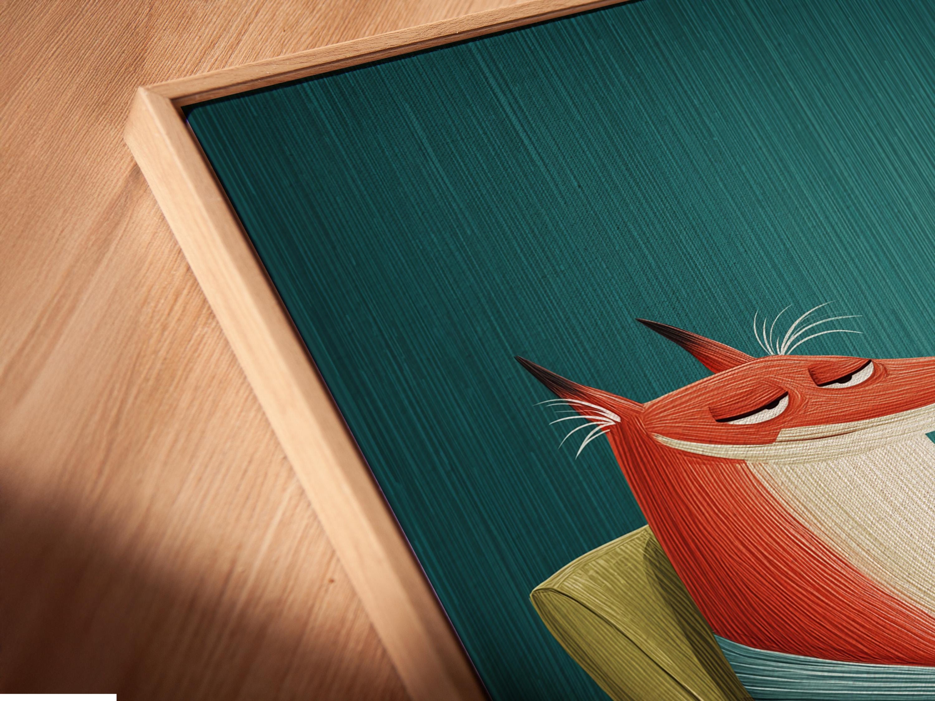 Fox wall art mockup showing a fox with a wine glass on a teal background