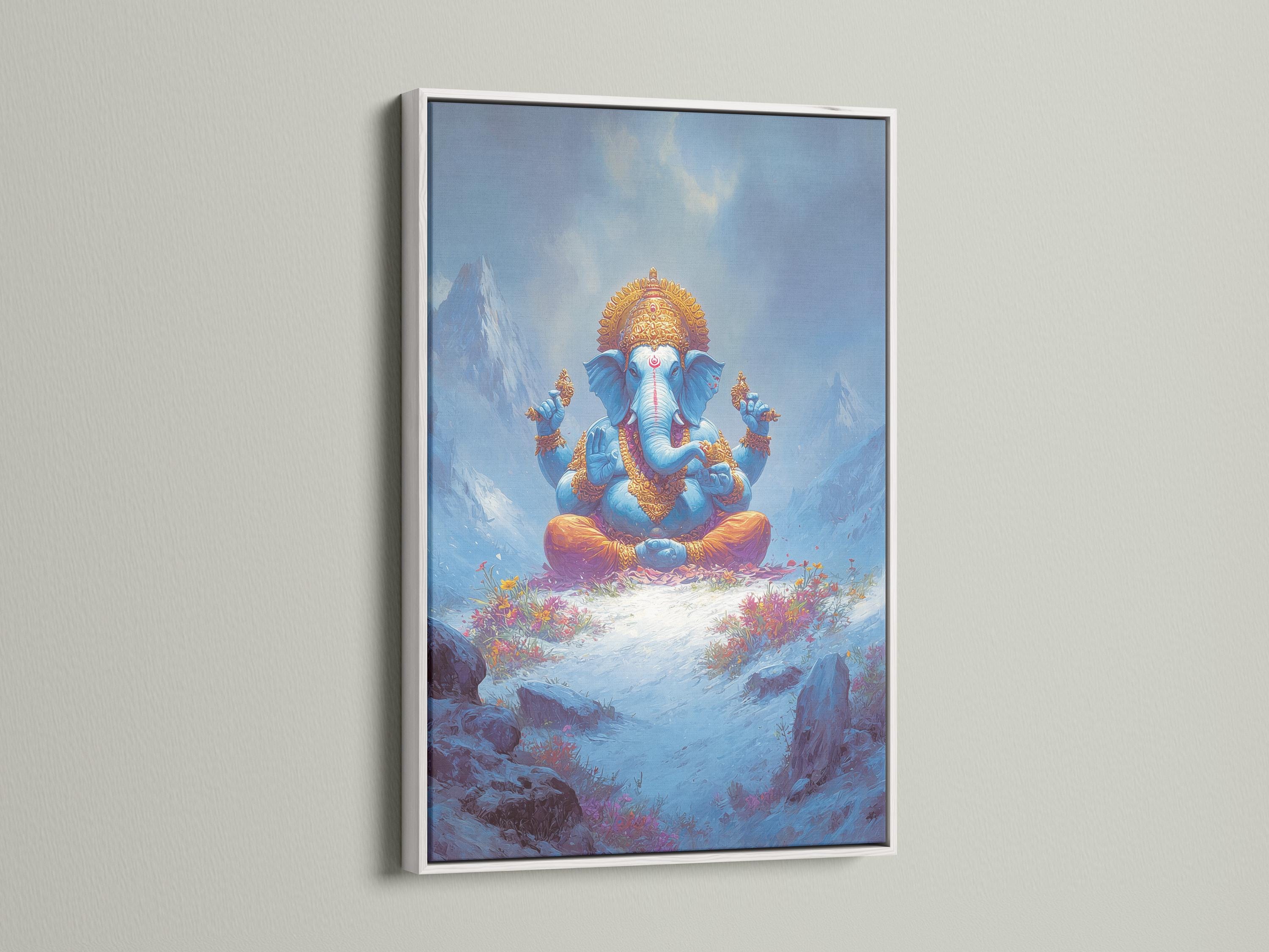 Framed artwork mockup showing a blue elephant-headed deity figure seated in meditation in a misty mountain scene