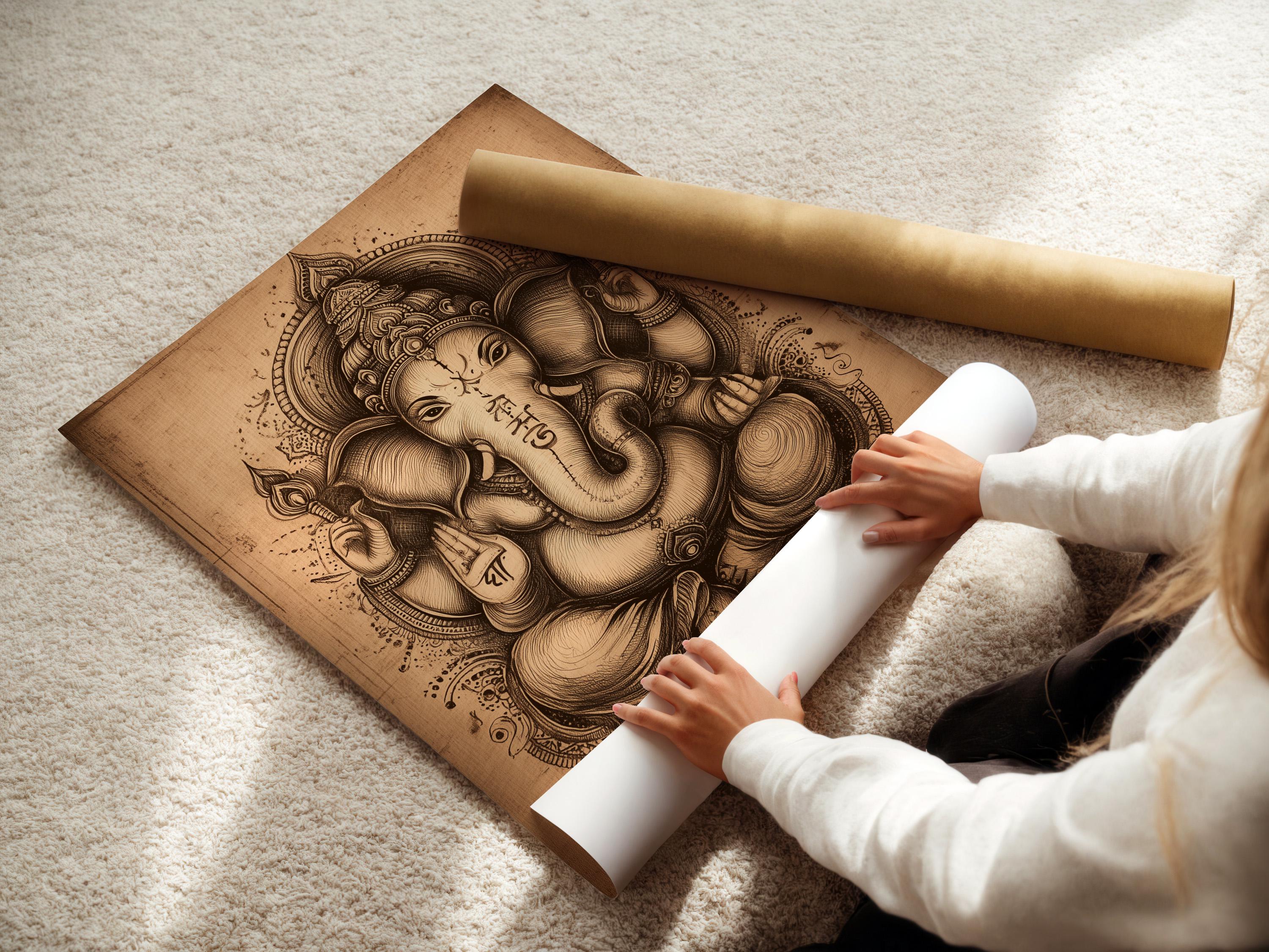Vintage elephant-headed deity illustration with ornate halo on a beige background detail view
