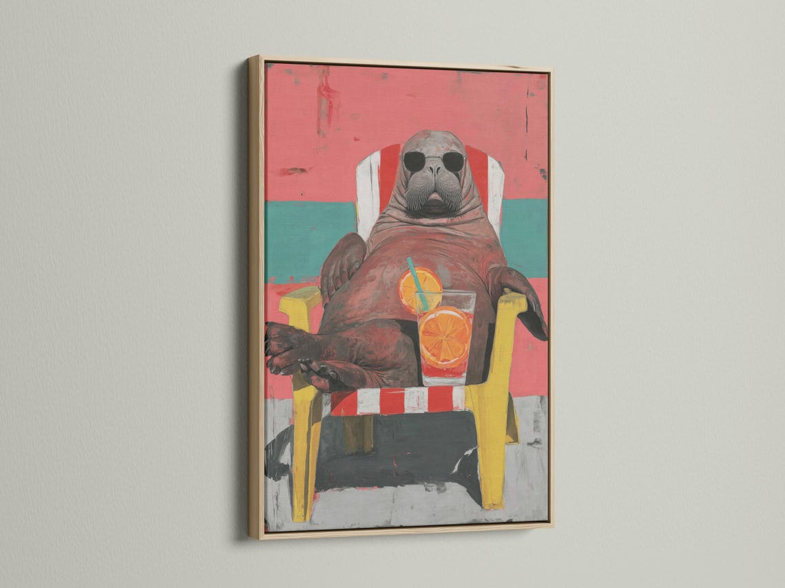 Stylised walrus wearing oversized sunglasses with a coral and teal background and a drink with an orange slice detail view
