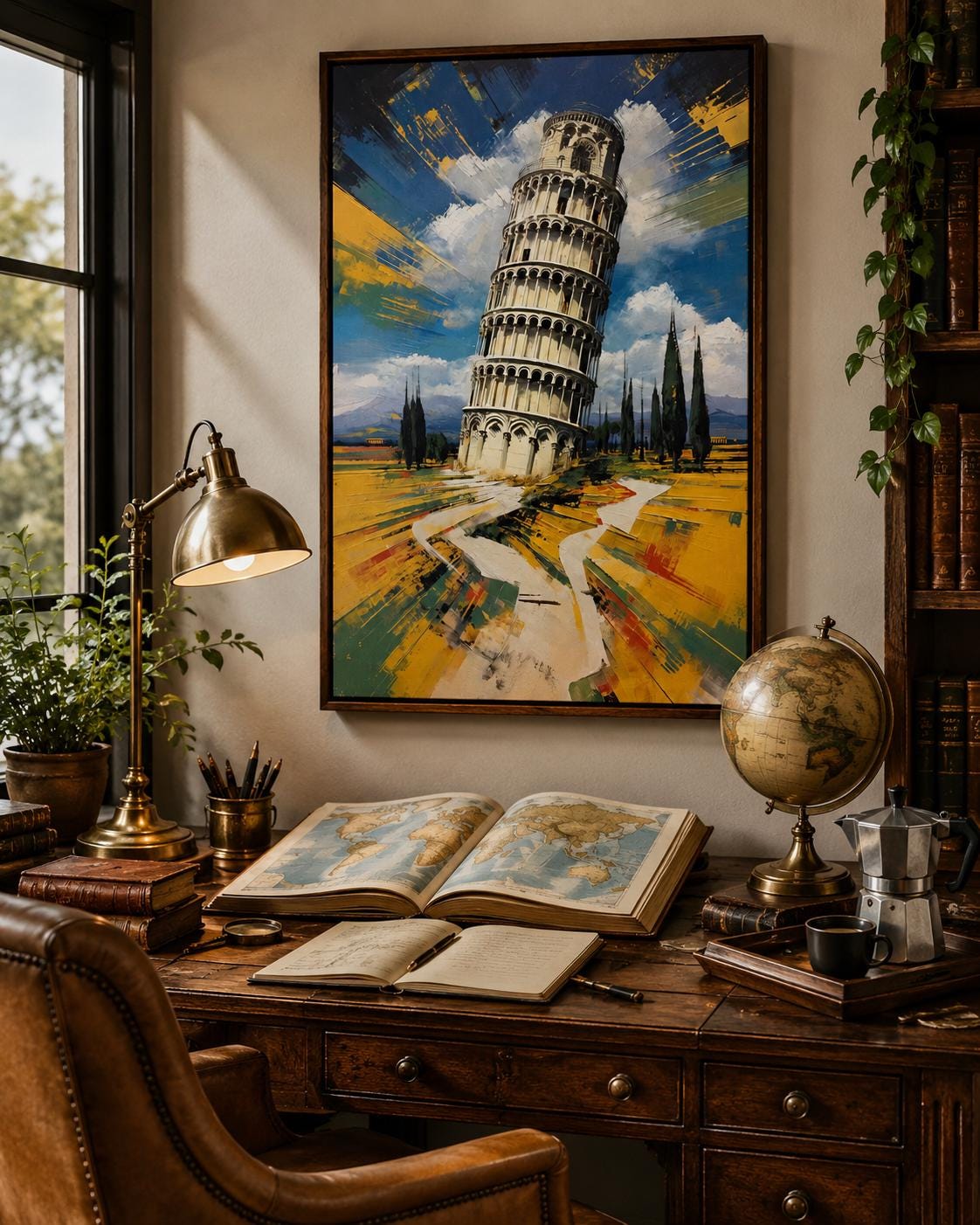 Man standing by a framed Leaning Tower of Pisa painting in an office-like room