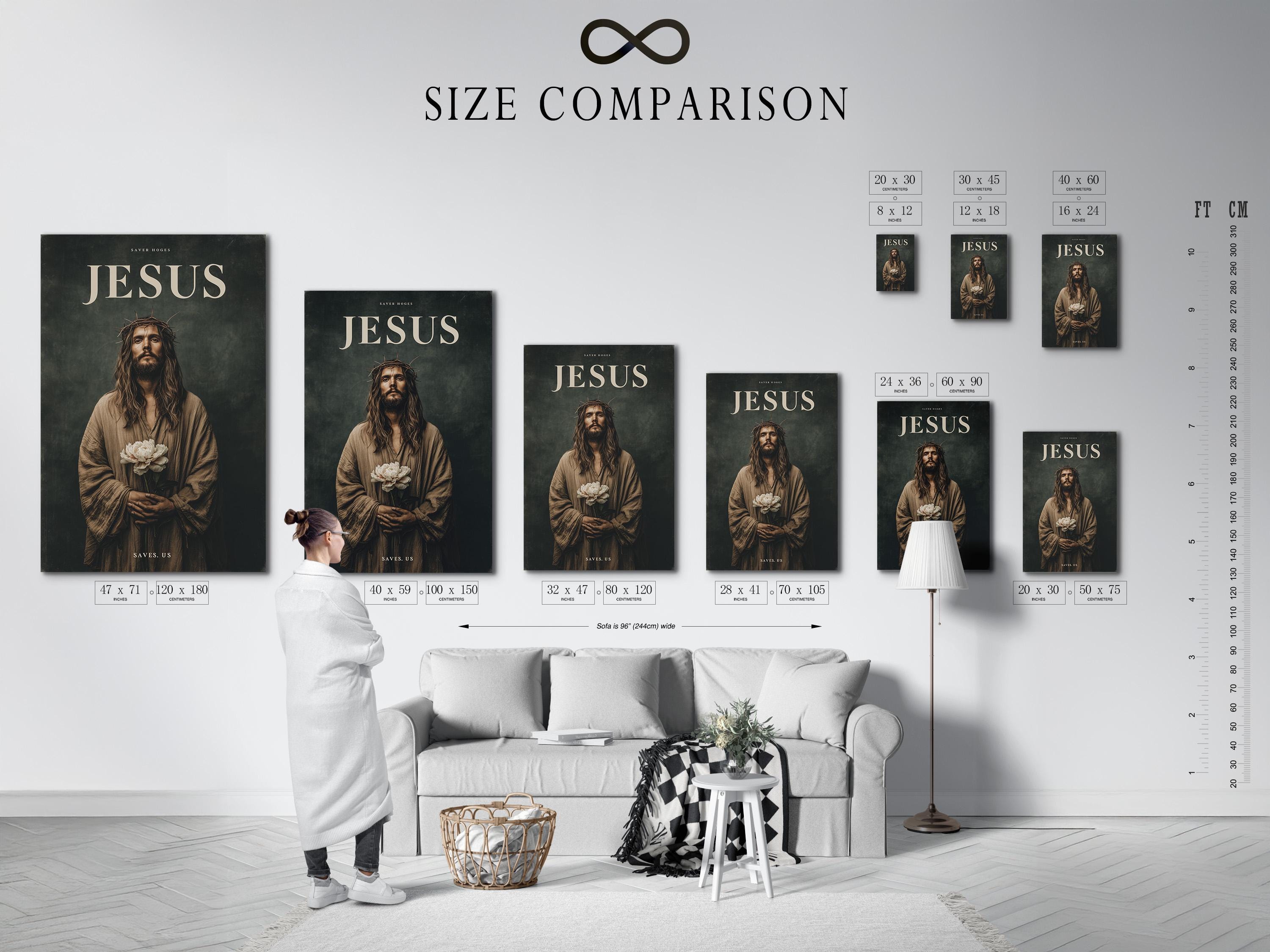 Jesus portrait with crown of thorns holding white flowers and gold text detail view