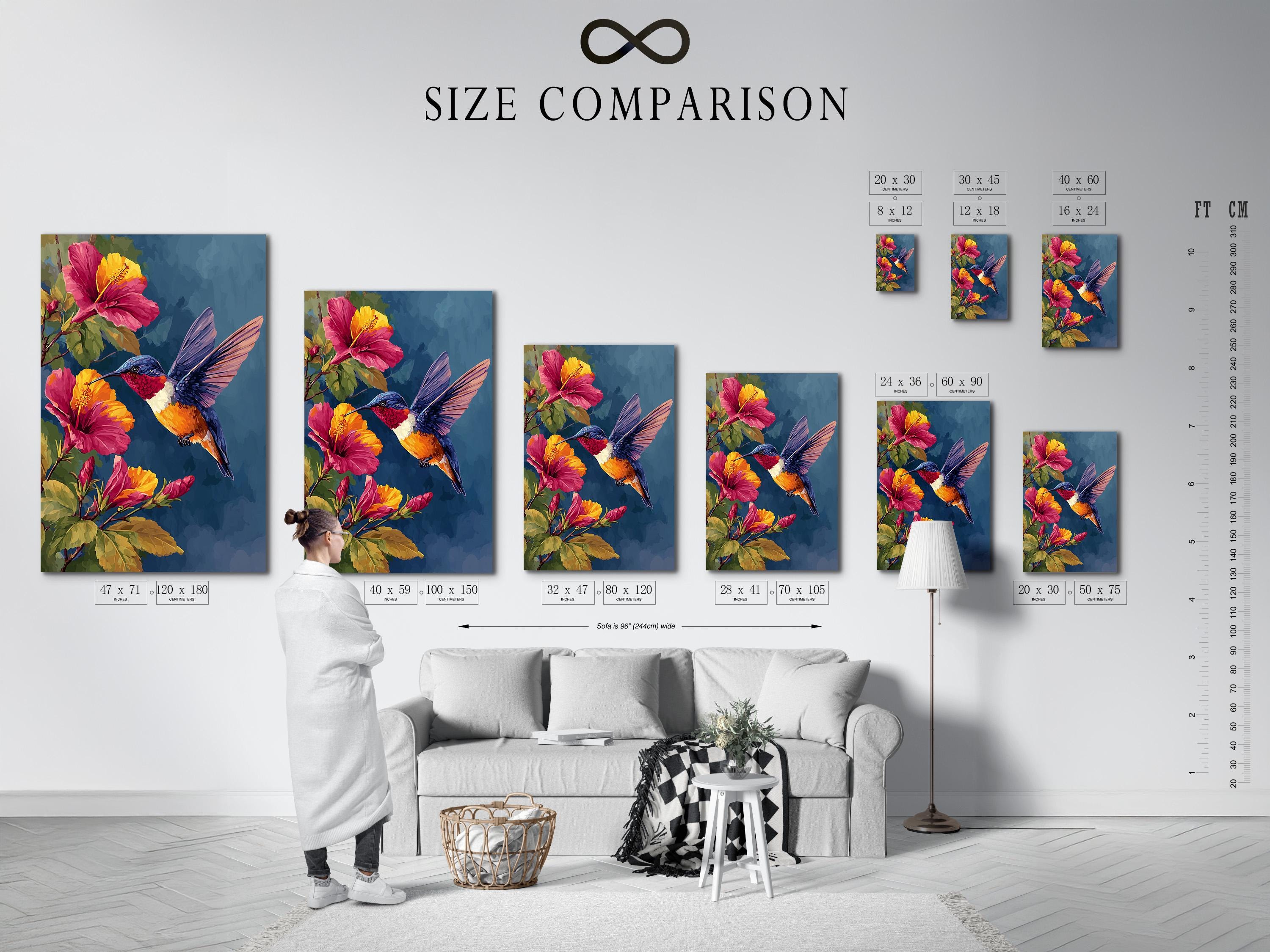Room mockup showing a hummingbird and hibiscus floral artwork