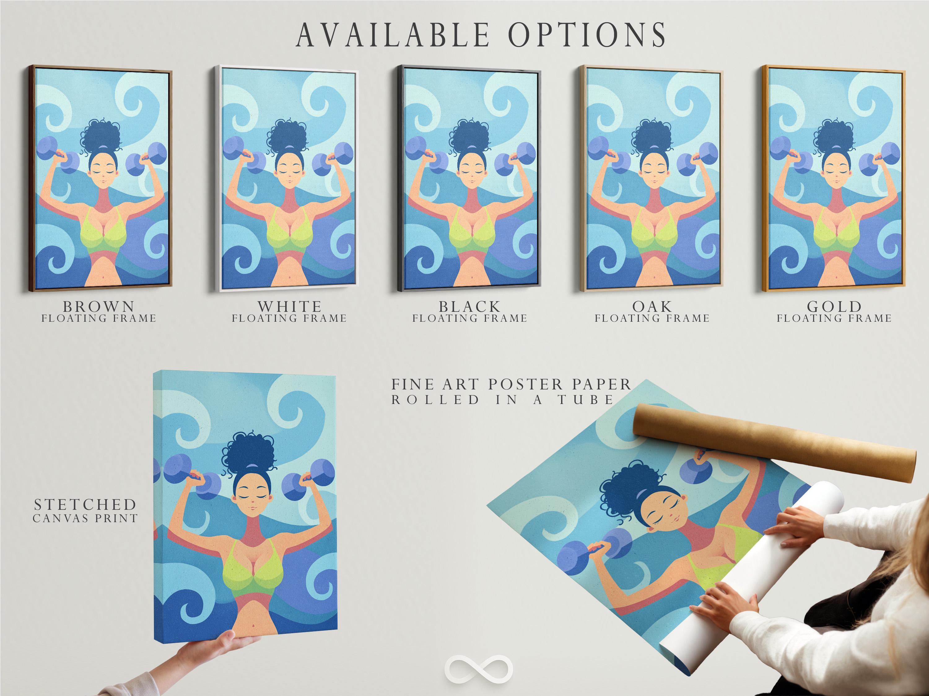 Stylised fitness woman lifting dumbbells overhead against a swirling blue background detail view