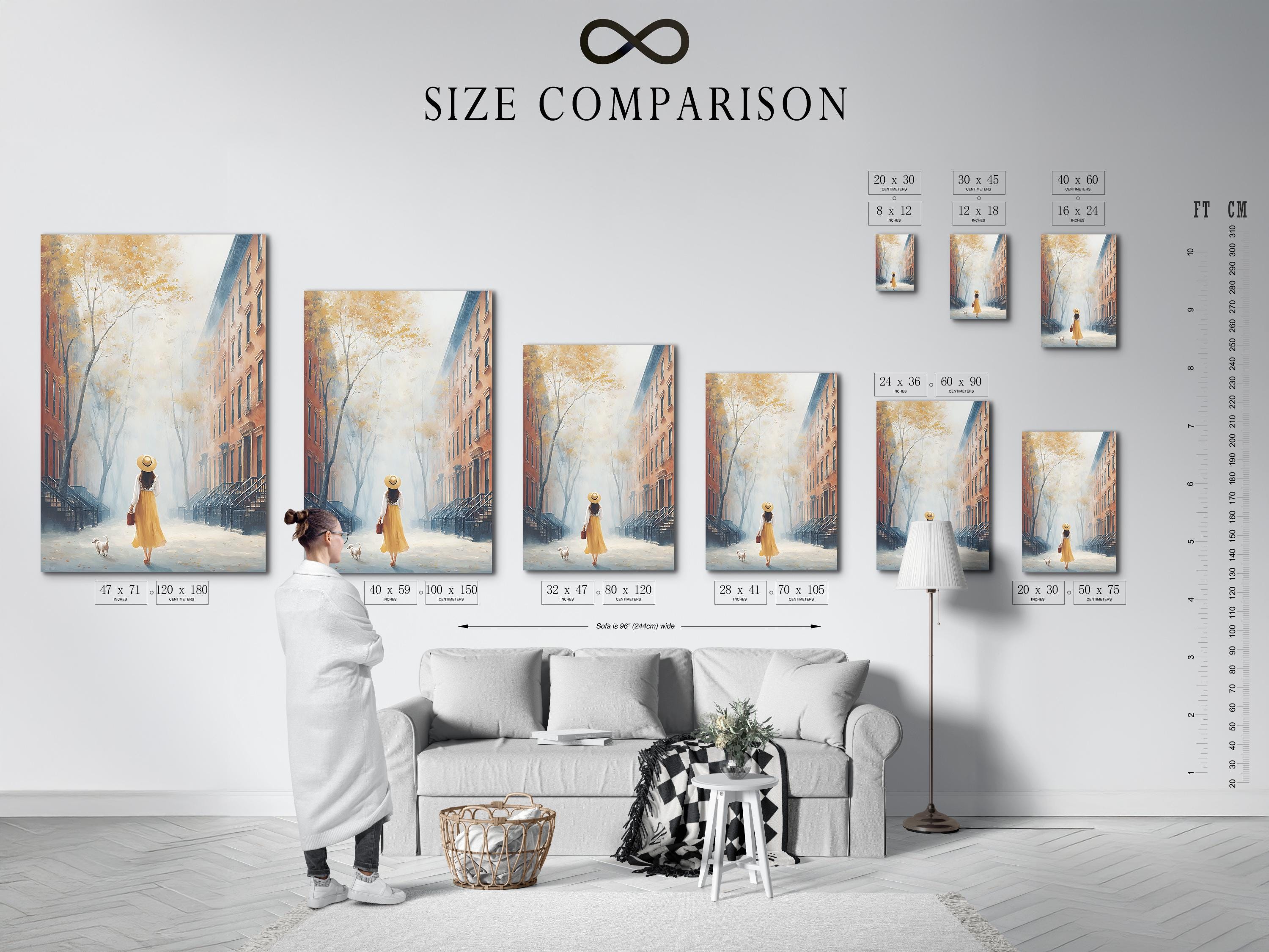 Room mockup showing a framed painterly city street scene with a woman walking a small dog