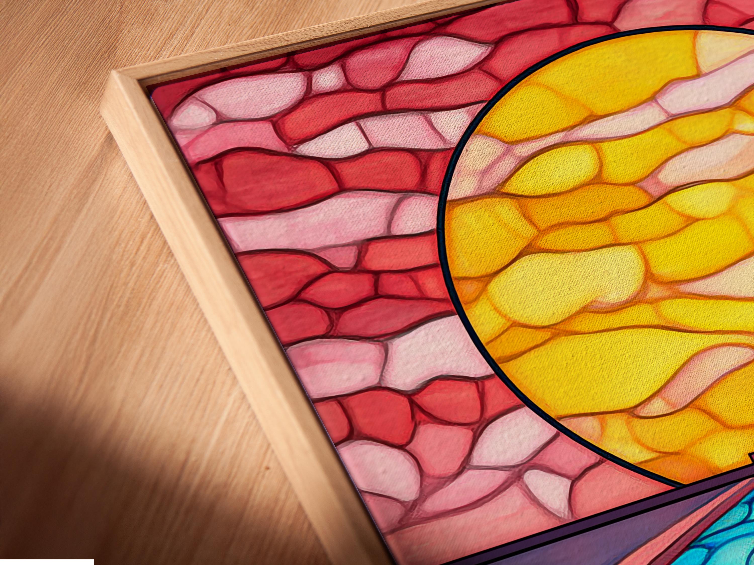 Stained-glass style ocean scene with a circular sunset portal, underwater water textures, and a small temple silhouette detail view