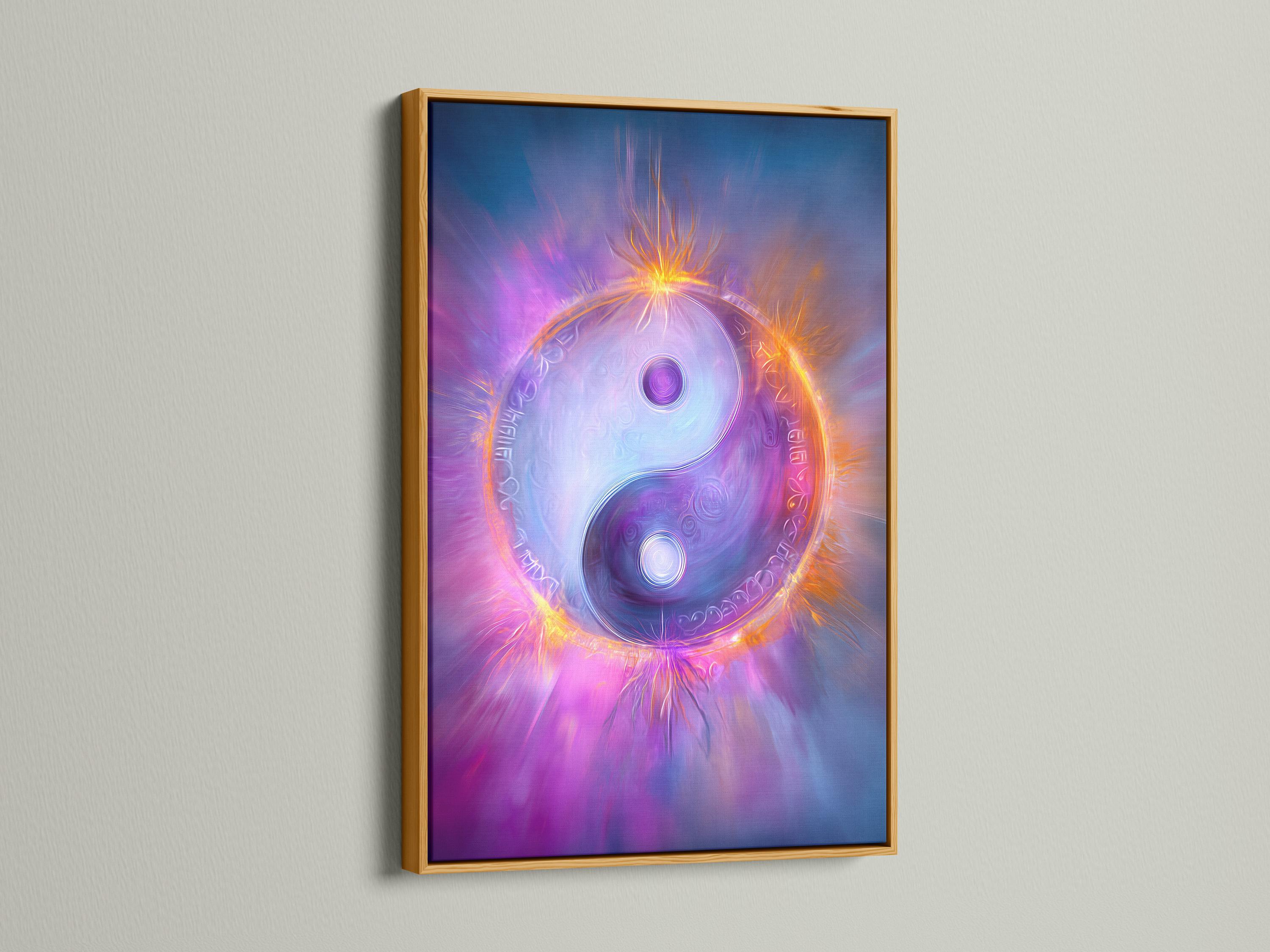 A cosmic yin-yang symbol glows in swirling purples and blues, framed by bright orange light rays and soft halo effects detail view