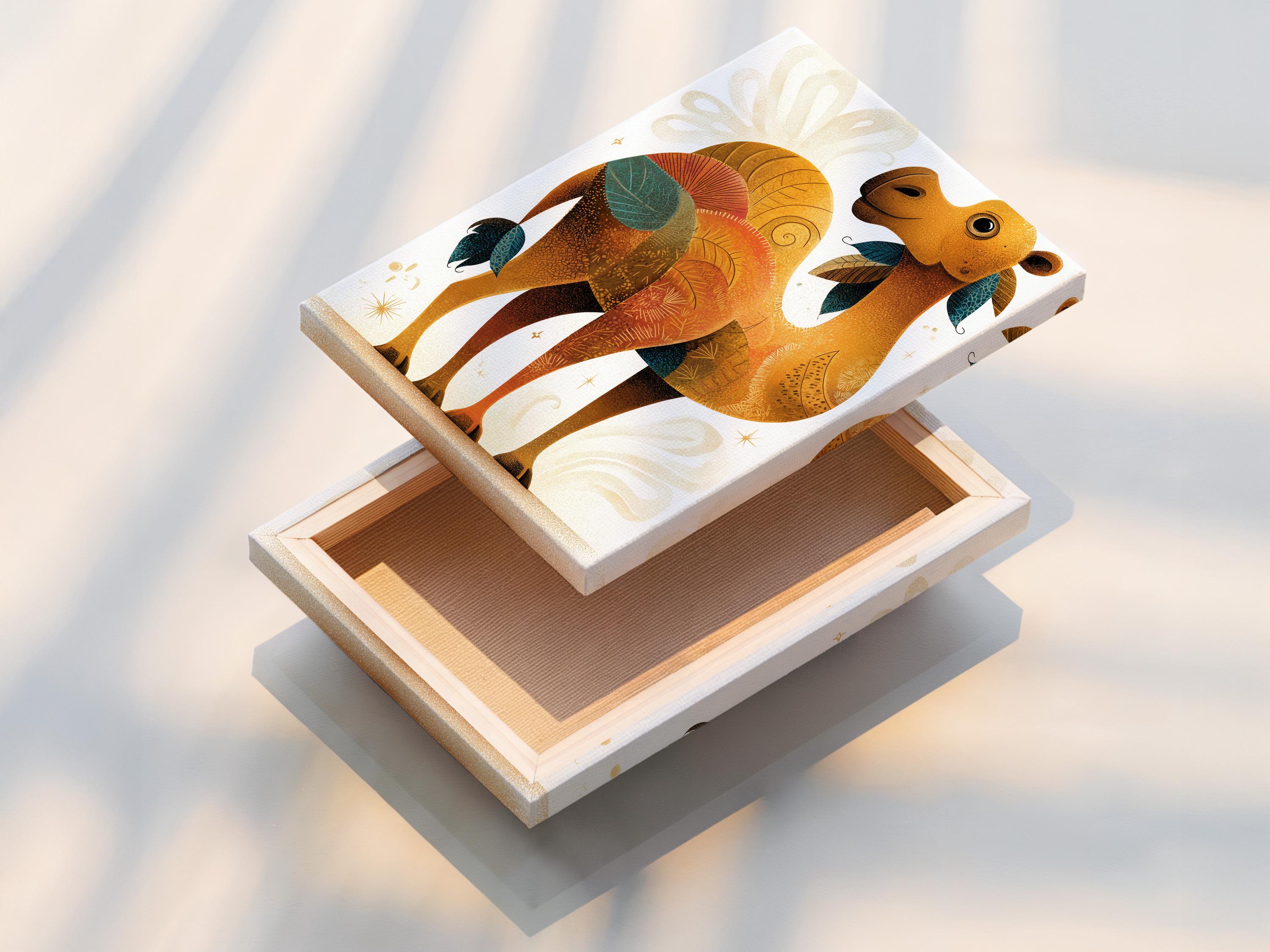 Illustrated camel with warm ochre body, teal leaf details and gold star flecks on an off-white background detail view