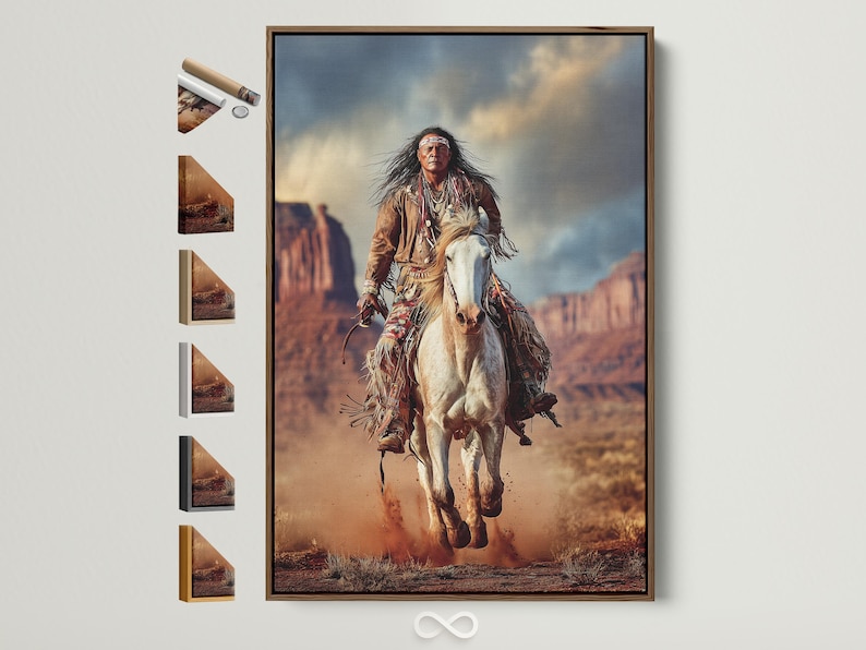 Western rider on a white horse charging through a dusty desert landscape