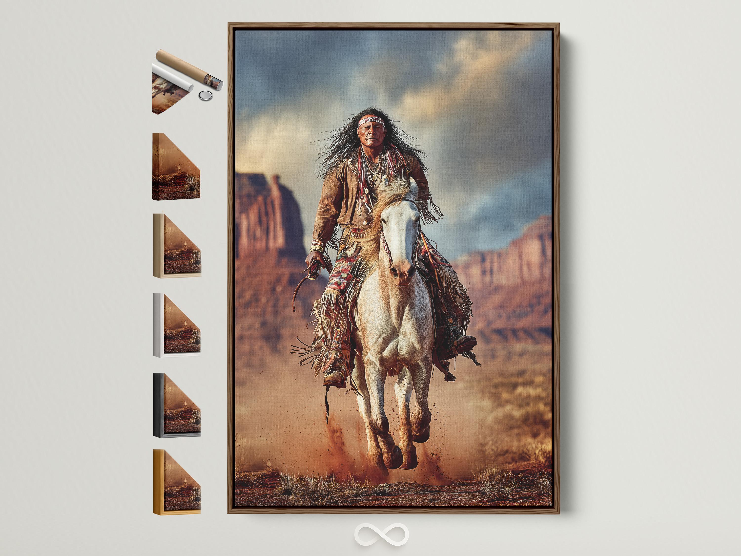 Western rider on a white horse charging through a dusty desert landscape