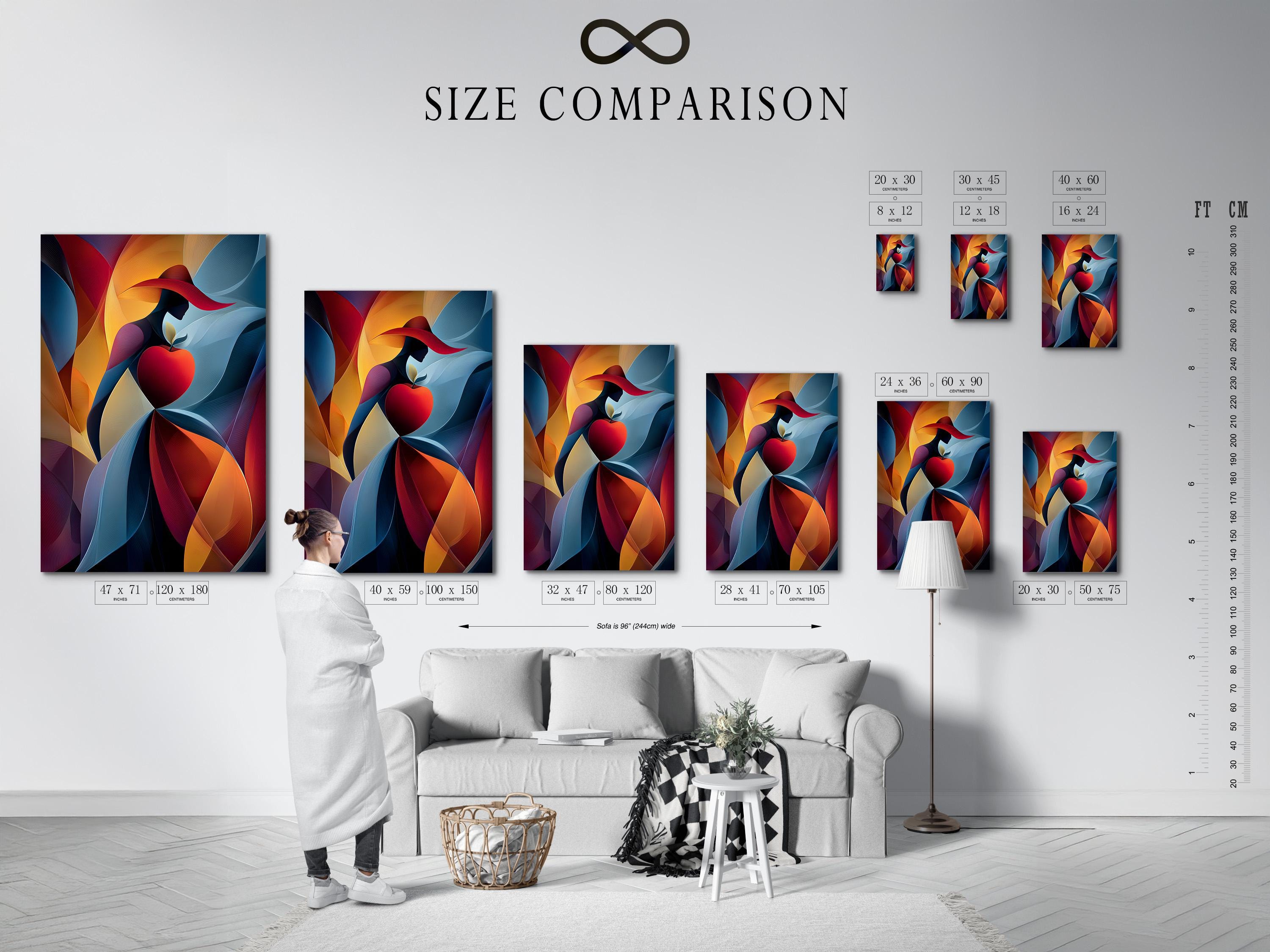 Abstract woman silhouette with a red heart, ribbon-like curves, and blue, red, gold colours detail view