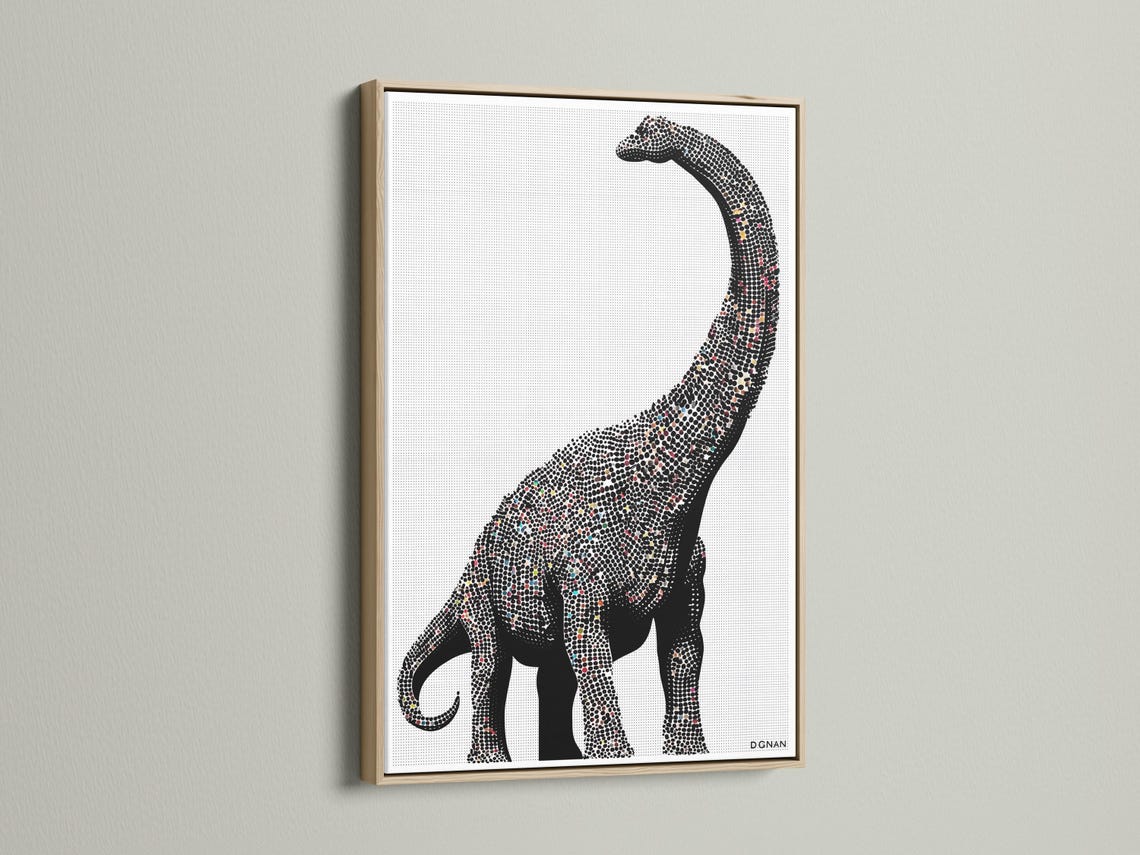 Minimalist dinosaur silhouette made from a dense dot pattern in black and off-white detail view