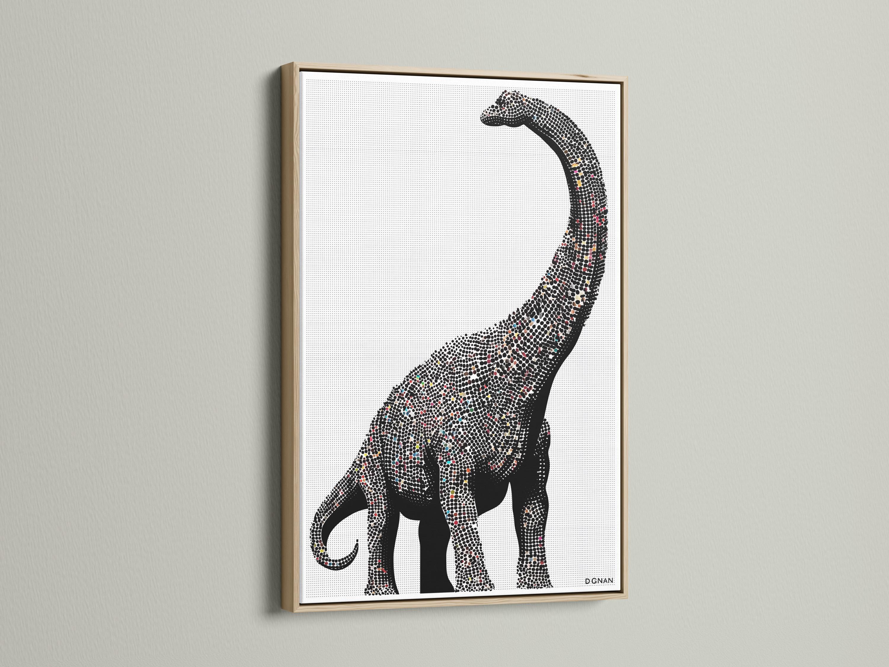 Minimalist dinosaur silhouette made from a dense dot pattern in black and off-white detail view