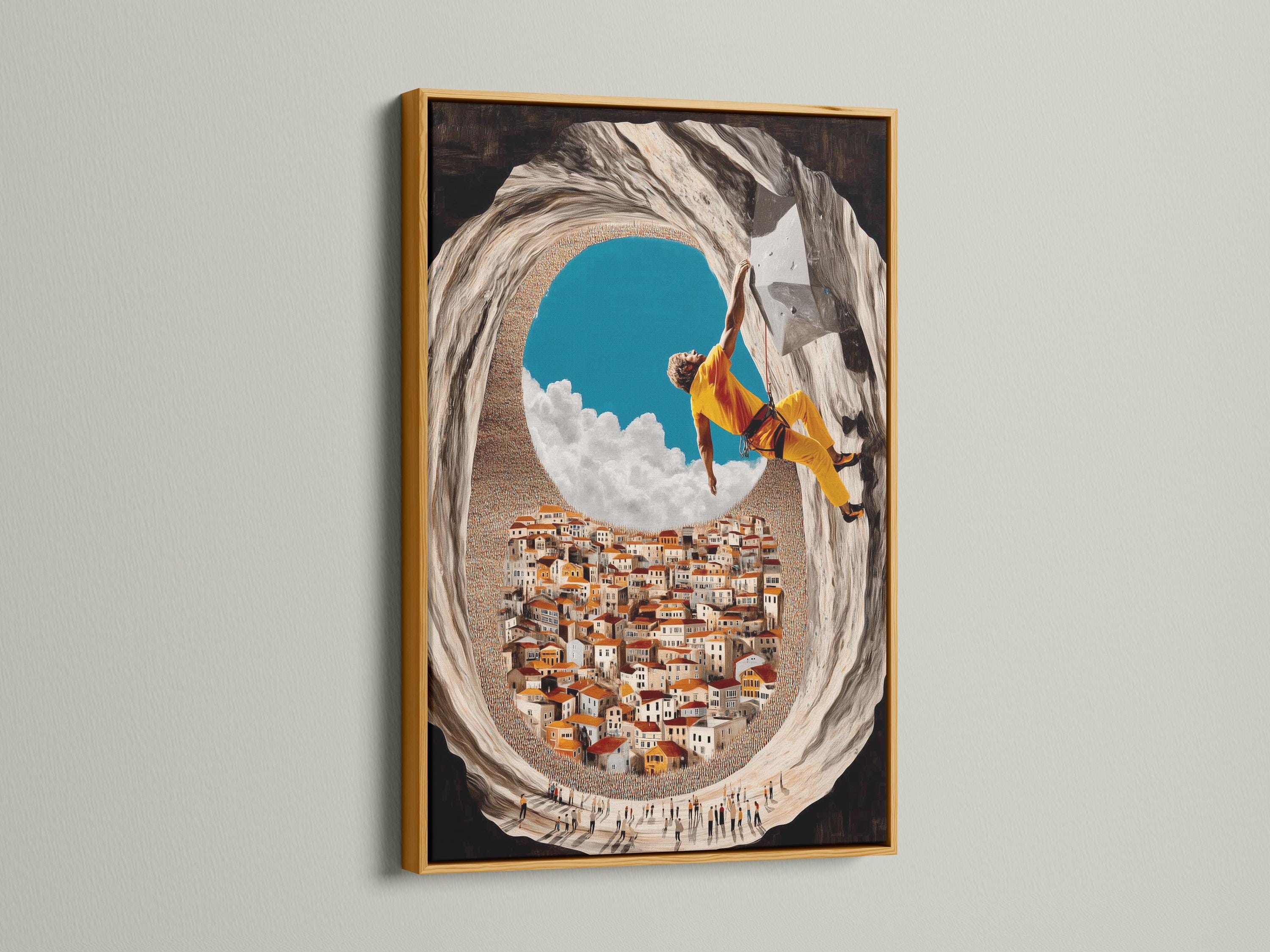 Wall art mockup showing a framed climber scene hanging on a wall among other frame options