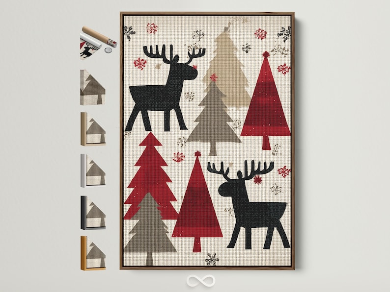 Festive black moose silhouette with antlers among red Christmas trees and red snowflakes on a light background