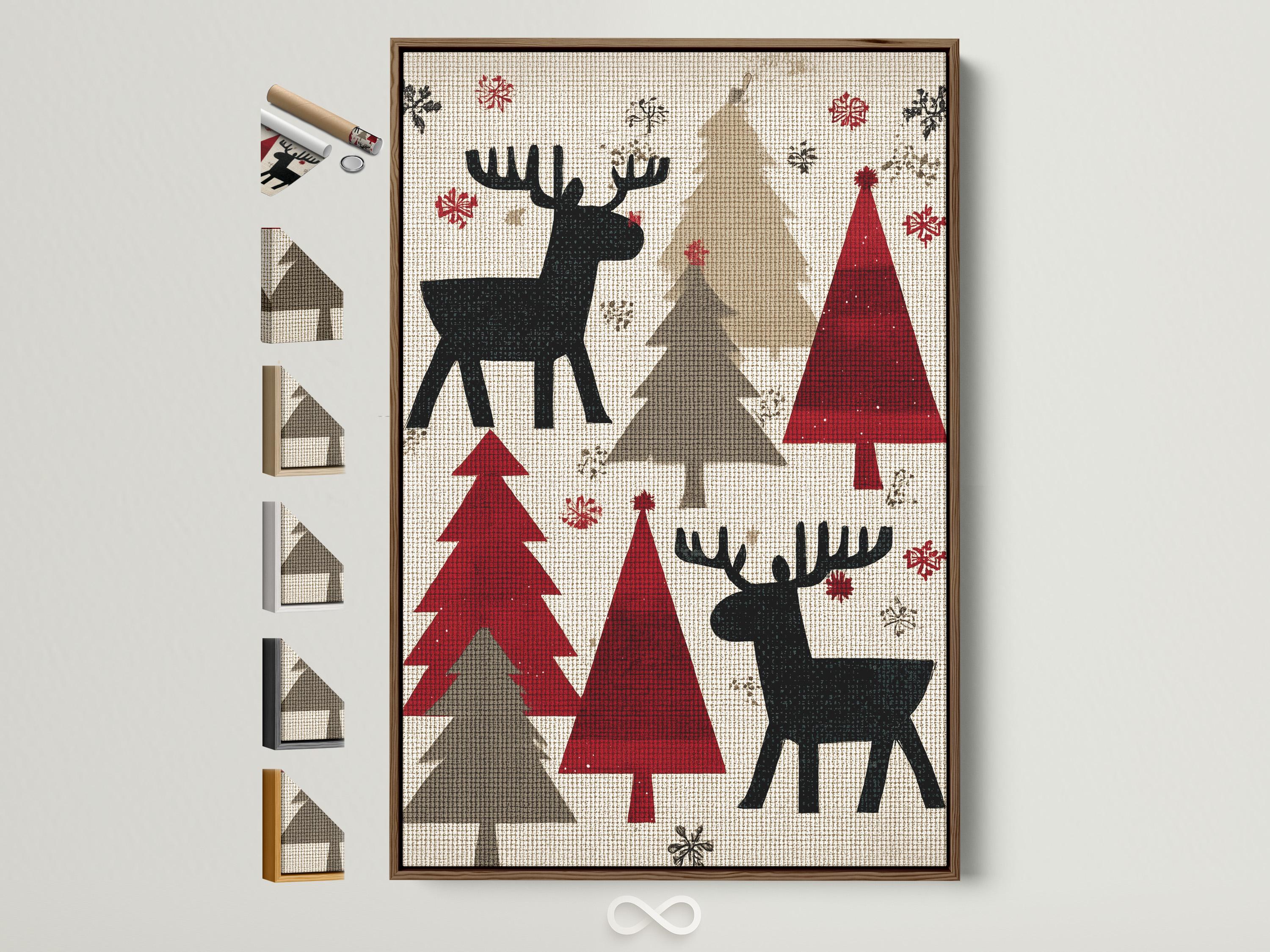 Festive black moose silhouette with antlers among red Christmas trees and red snowflakes on a light background