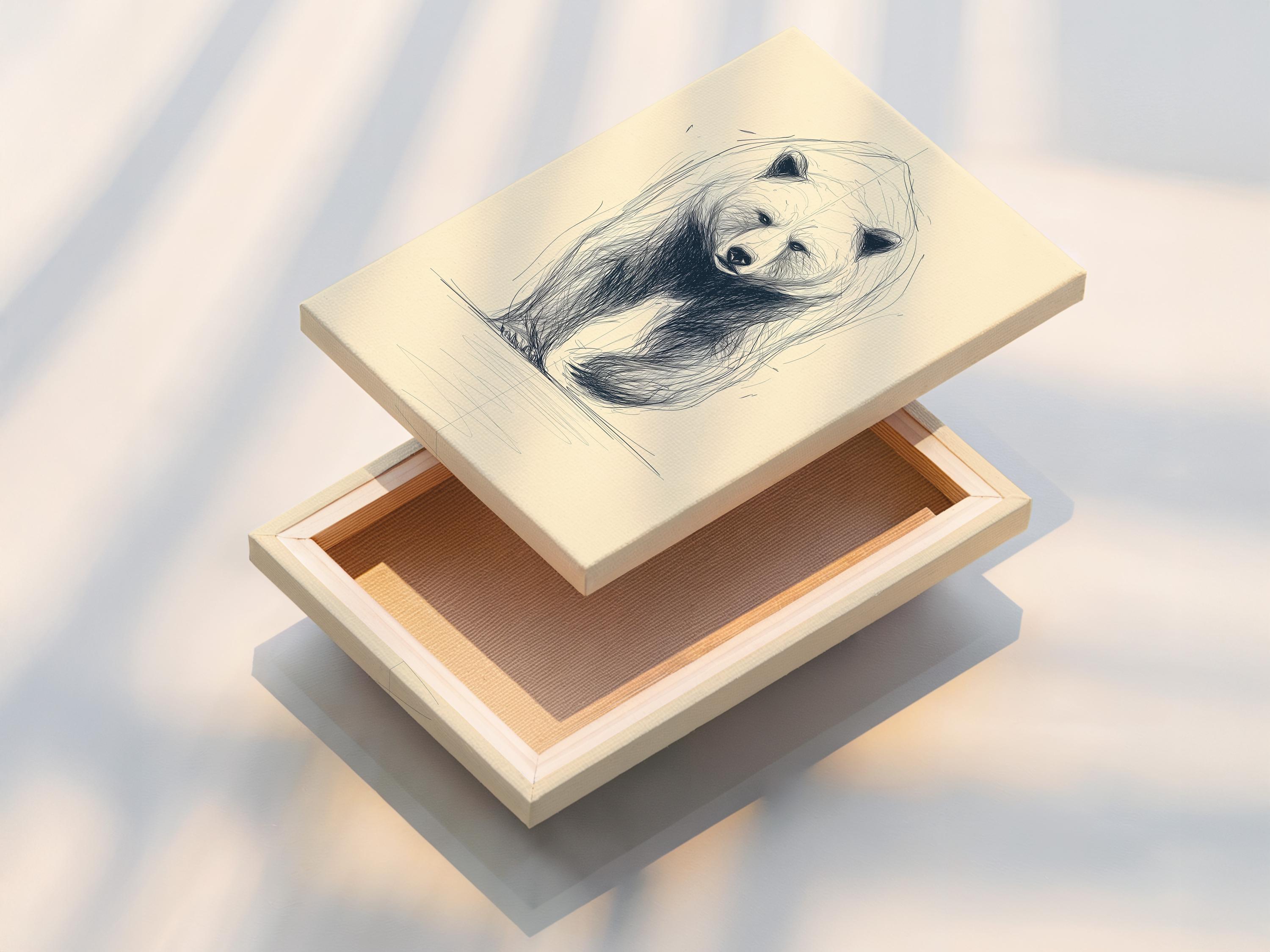 Minimalist sketch of a bear face and upper body with blue-grey lines on a cream background detail view