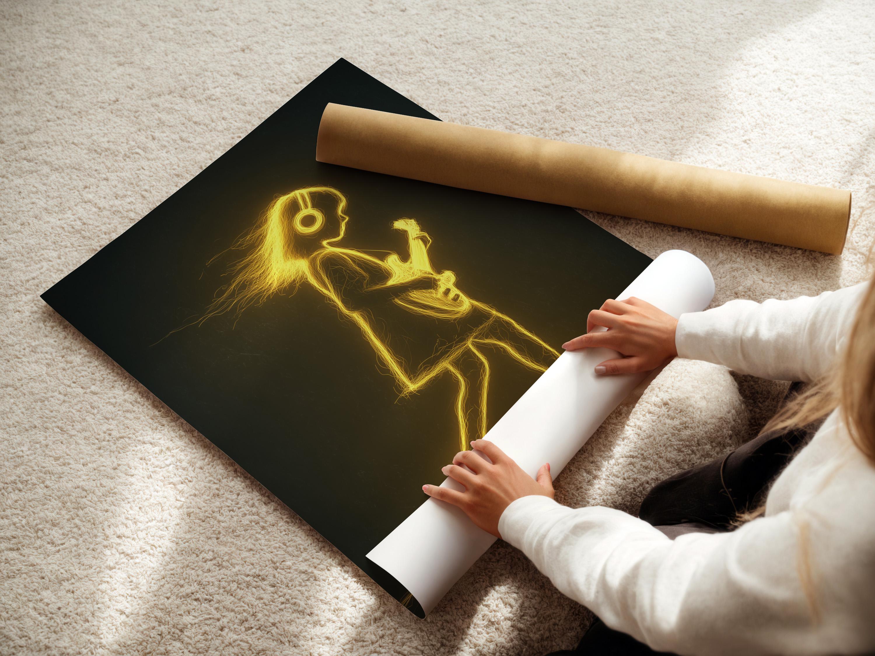 Neon gold outline guitar player with a glowing halo and electric guitar on a dark background detail view