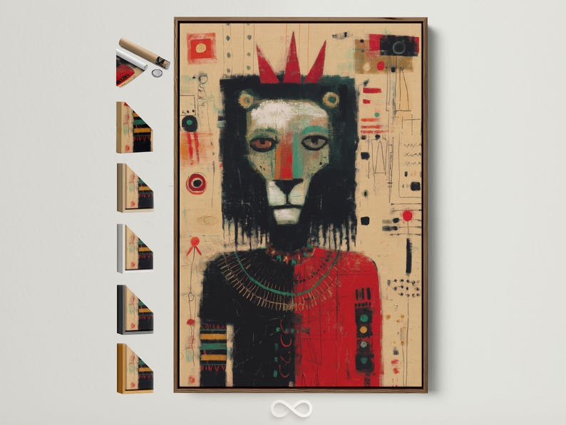 Stylised lion face artwork with a red crown shape on a beige abstract background