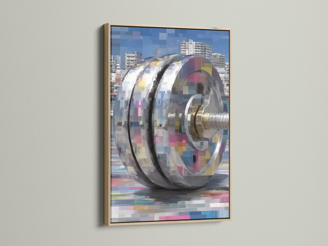 Stylised barbell end with curved motion arcs over a blocky city skyline in blue tones detail view