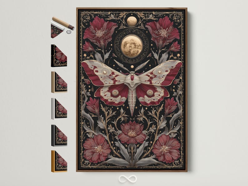 A dark, gothic-style moth illustration with burgundy wings and gold celestial moon motifs, surrounded by botanical florals on a near-black background