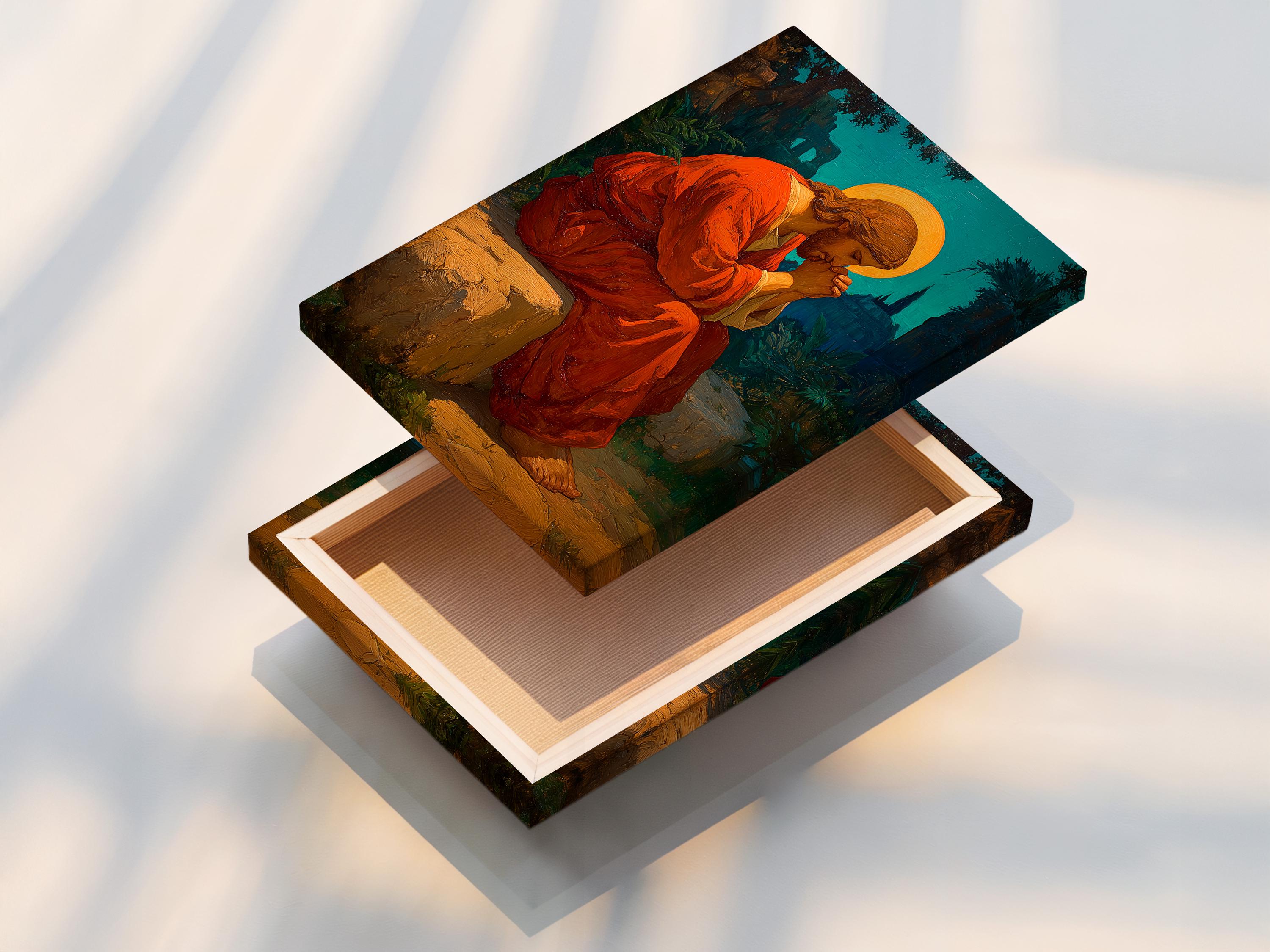 Praying figure with an orange halo, robed in red, against a teal landscape background detail view