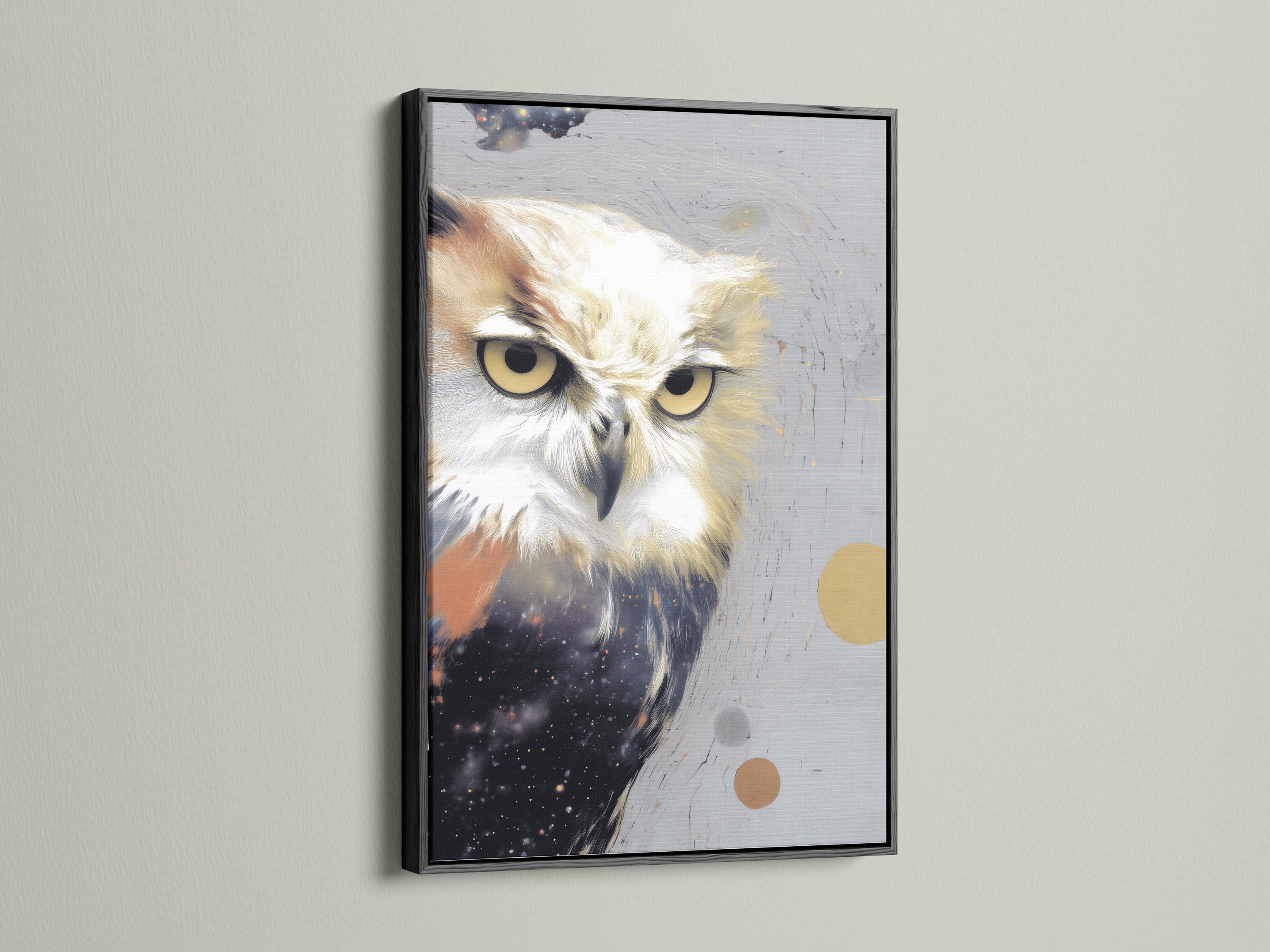 Stylised owl portrait with grey feathers, warm gold eyes, and speckled star-like background detail view