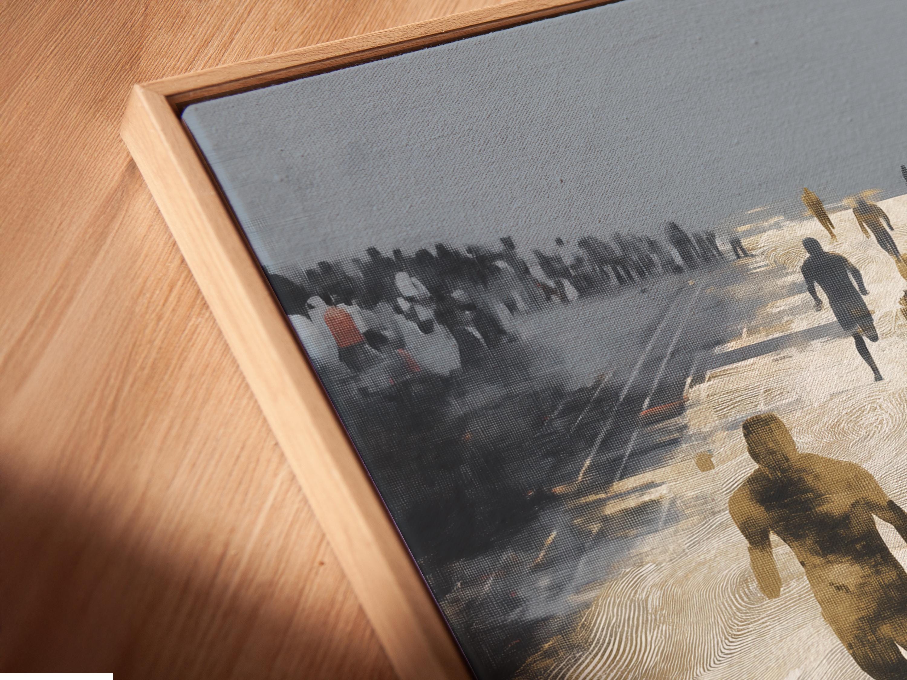Stylised running scene with several runners on a sunlit path, beige and gold tones against blue-grey haze detail view