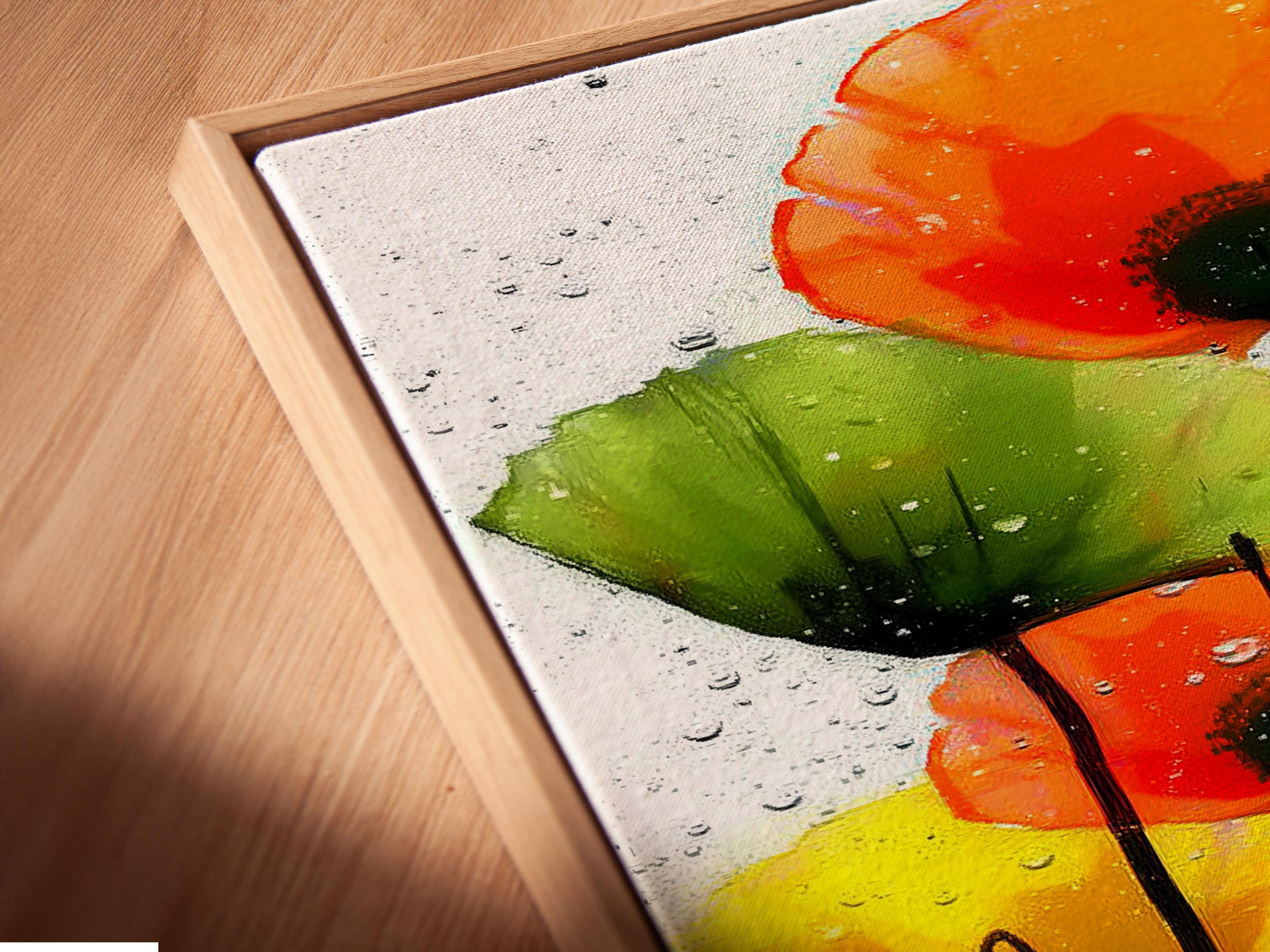 Orange poppy-like flowers with dark stems and raindrop-like speckling on a light background detail view