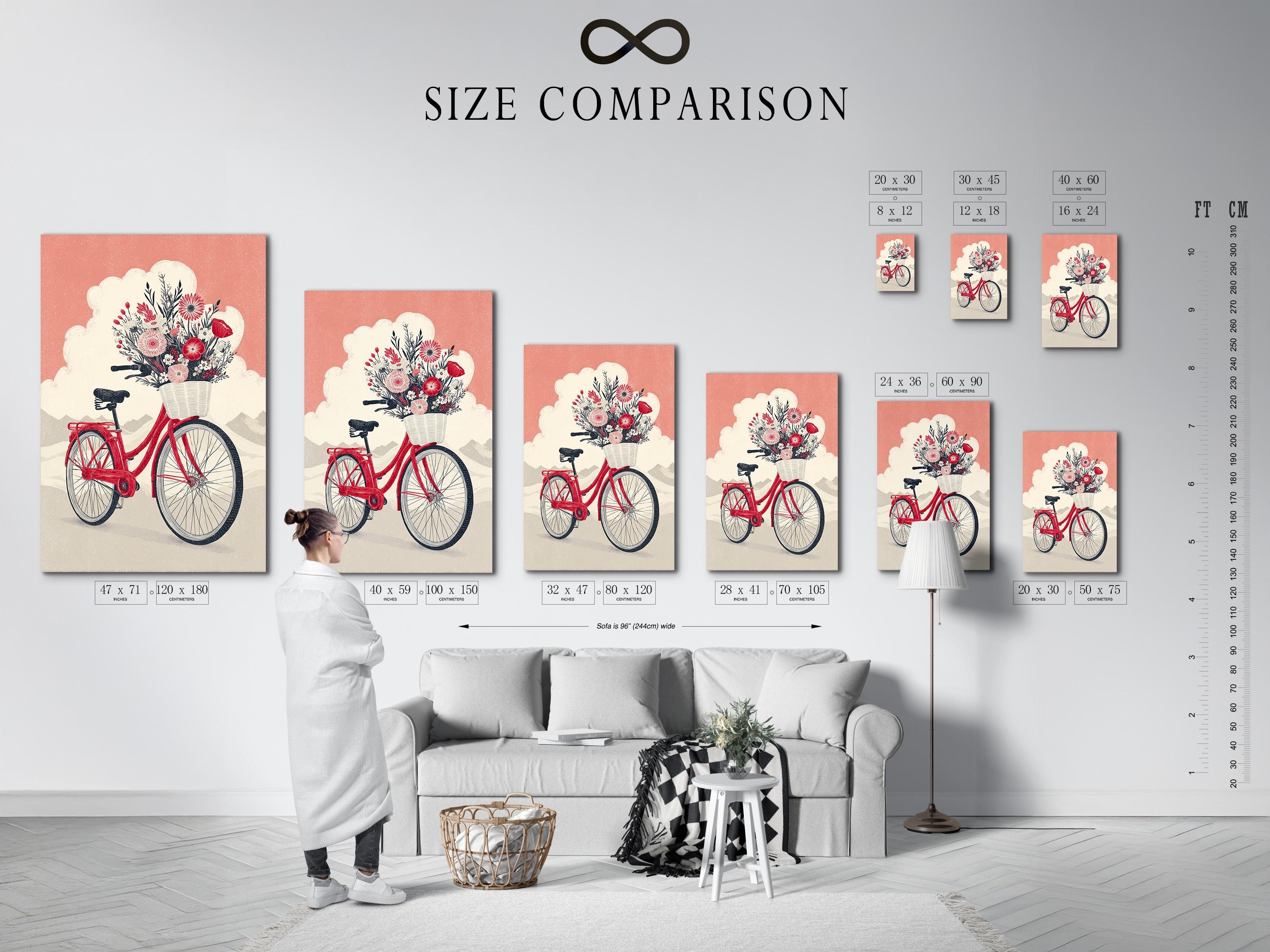 A red bicycle is decorated with a large bouquet of flowers and leaves, set against a dusty pink sky and pale landscape shapes detail view