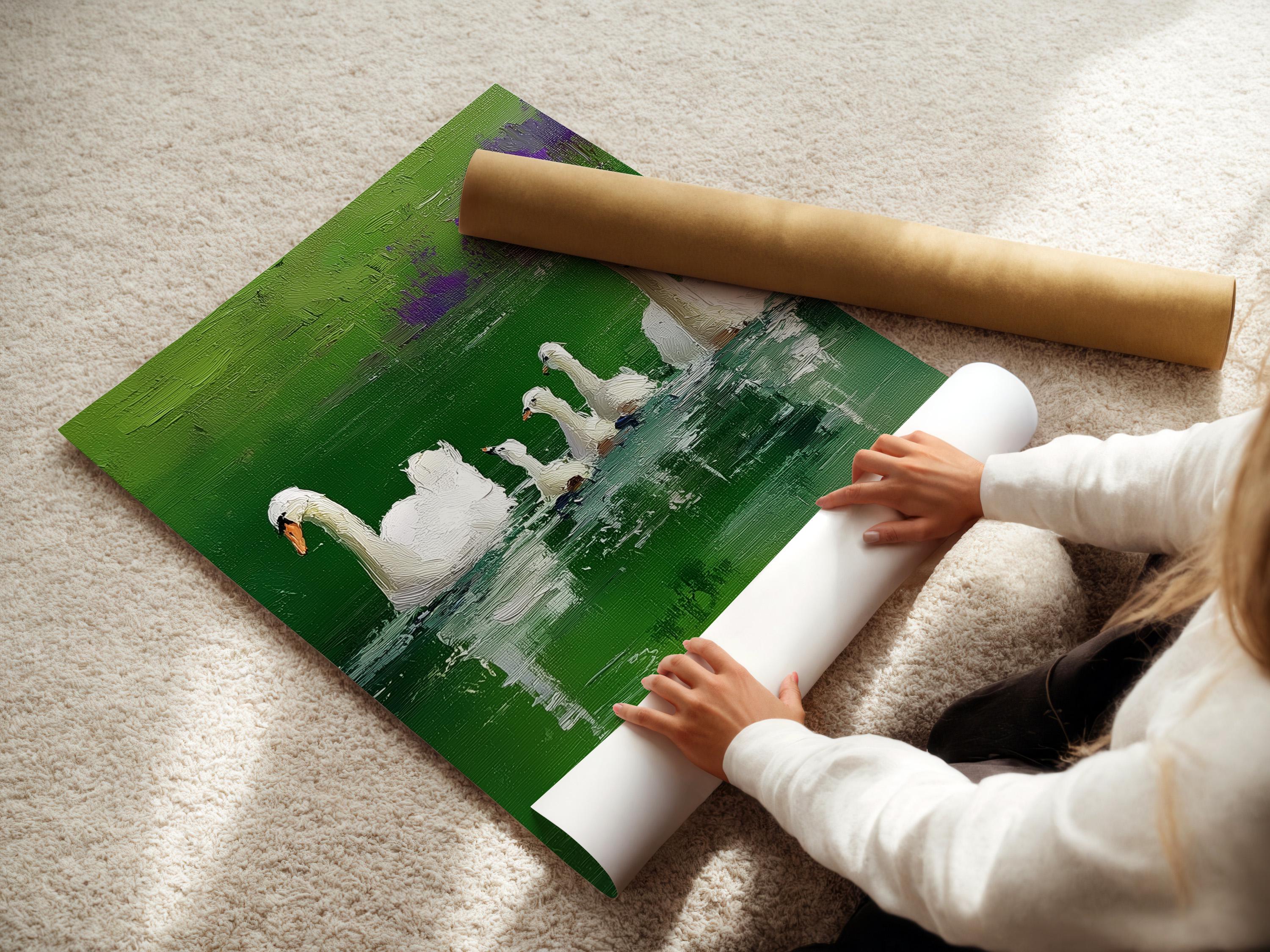 Room mockup with a framed green lake swan painting on a wall