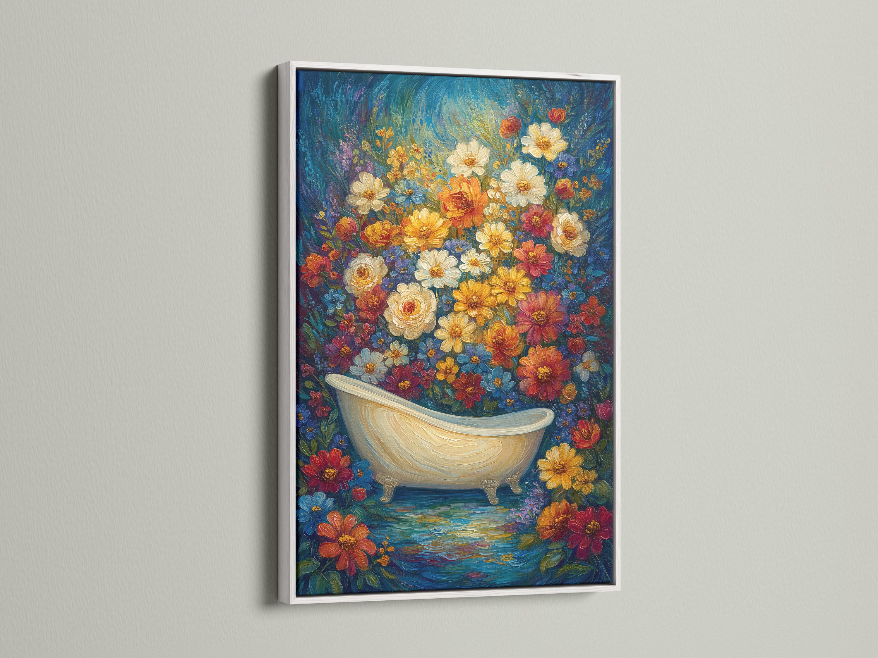 Bathroom wall mockup showing floral bathtub wall art