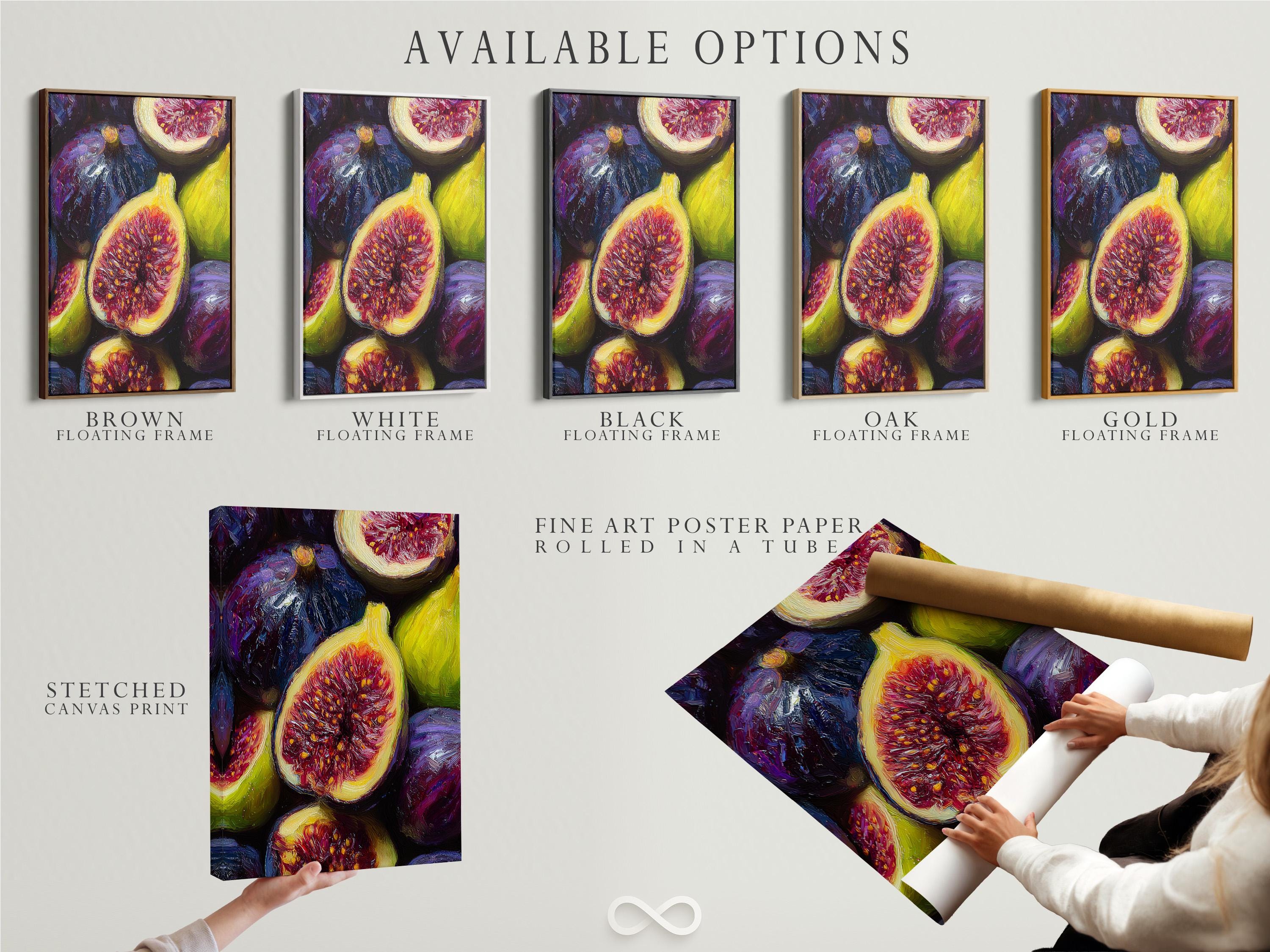 Framed purple, green and gold fig still life artwork shown in a room mockup, with stacked thumbnails at left