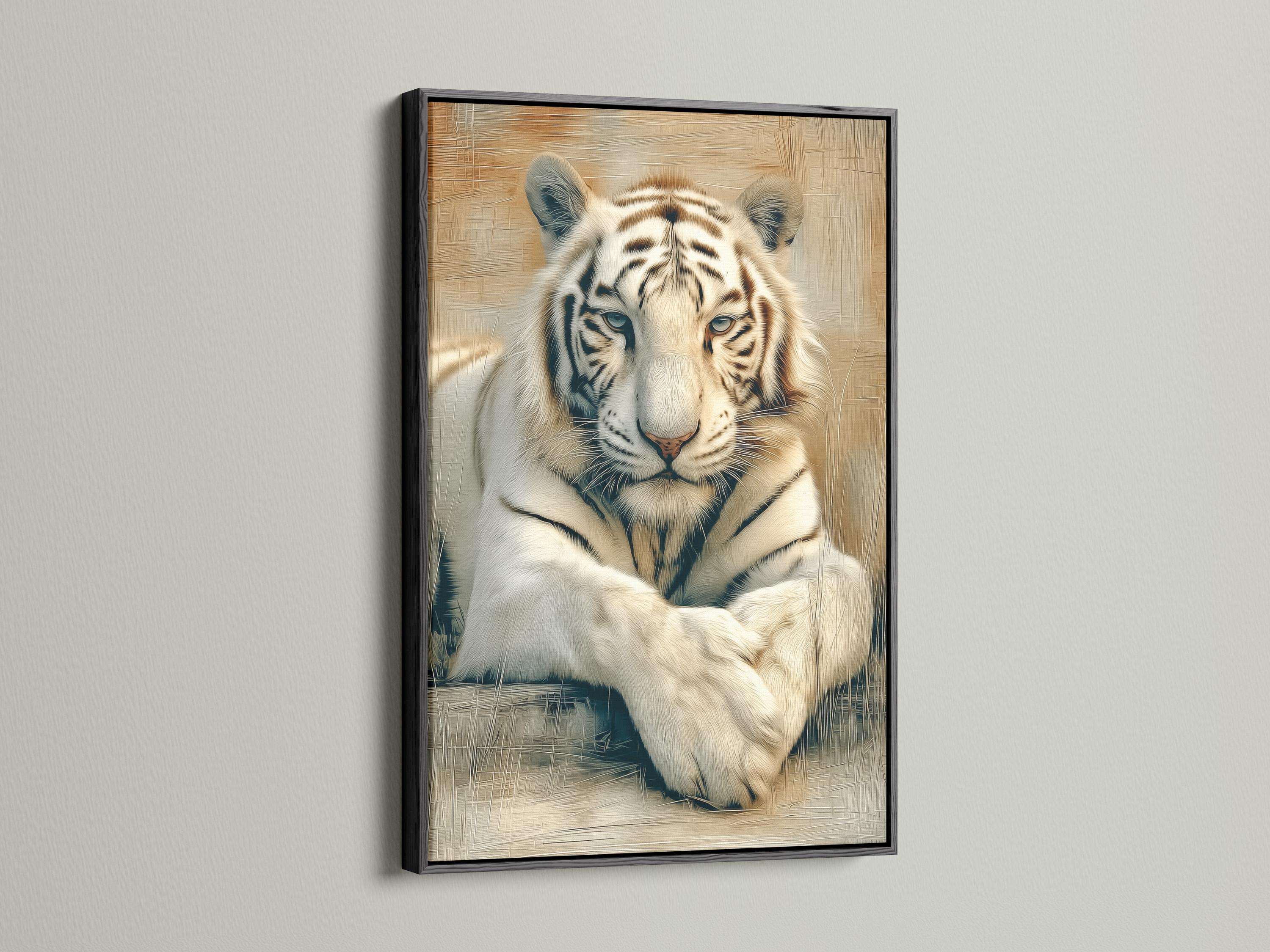 Office mockup with a tiger portrait artwork on the wall
