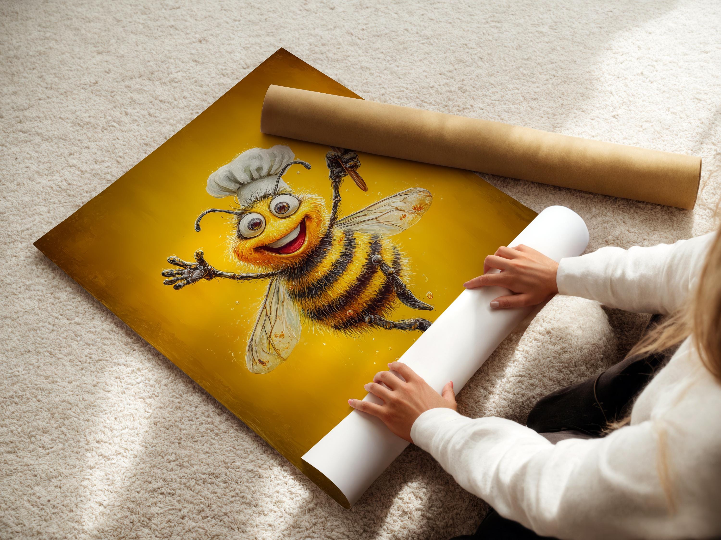 Smiling cartoon bee chef holding a whisk on a warm golden background detail view