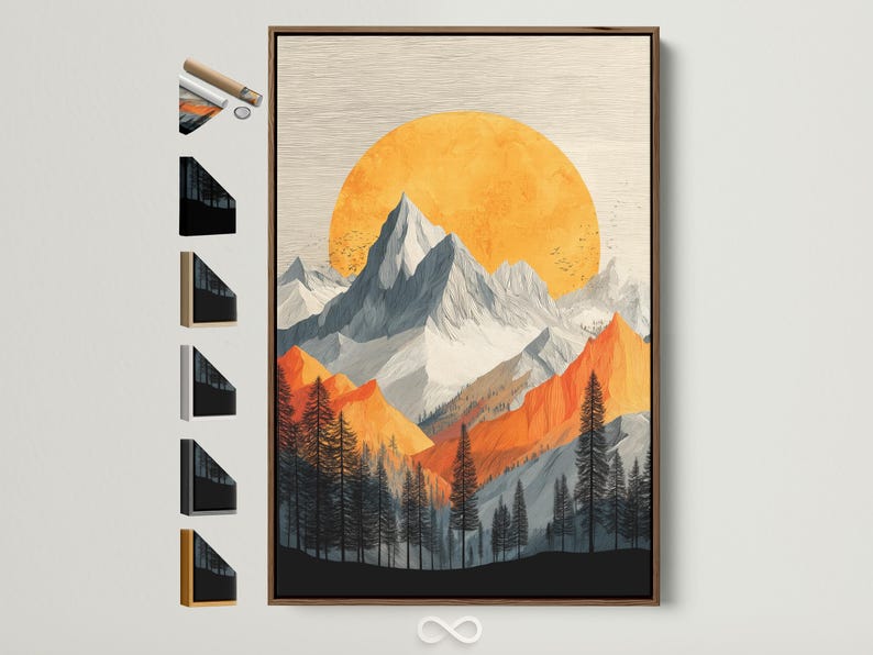 Stylised alpine mountain landscape with a large orange sun and pine tree silhouettes