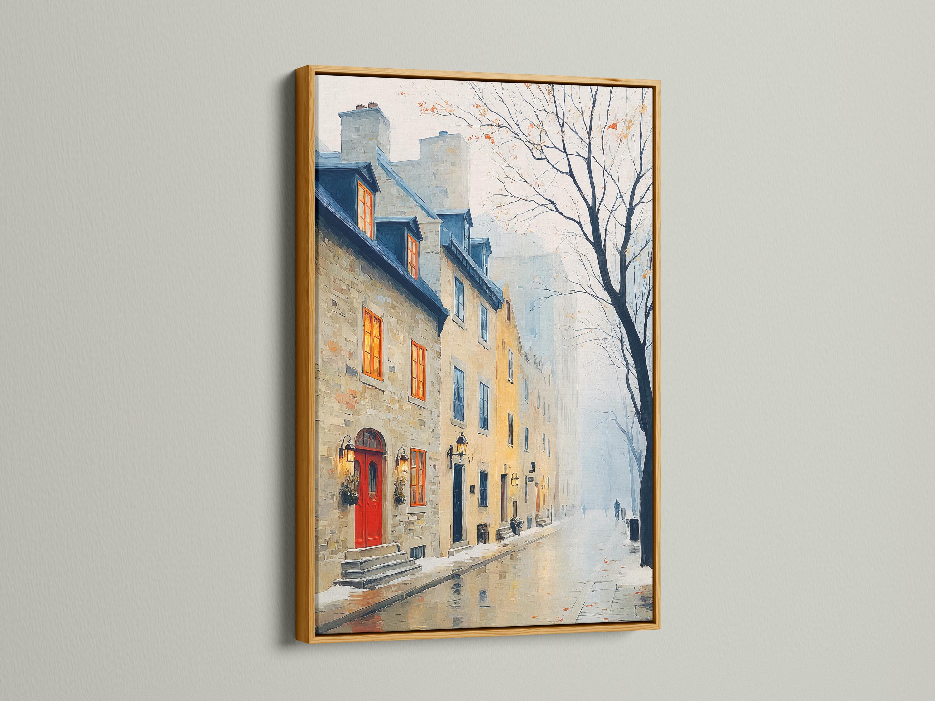 Portrait framed city street artwork mockup with foggy buildings and a red door