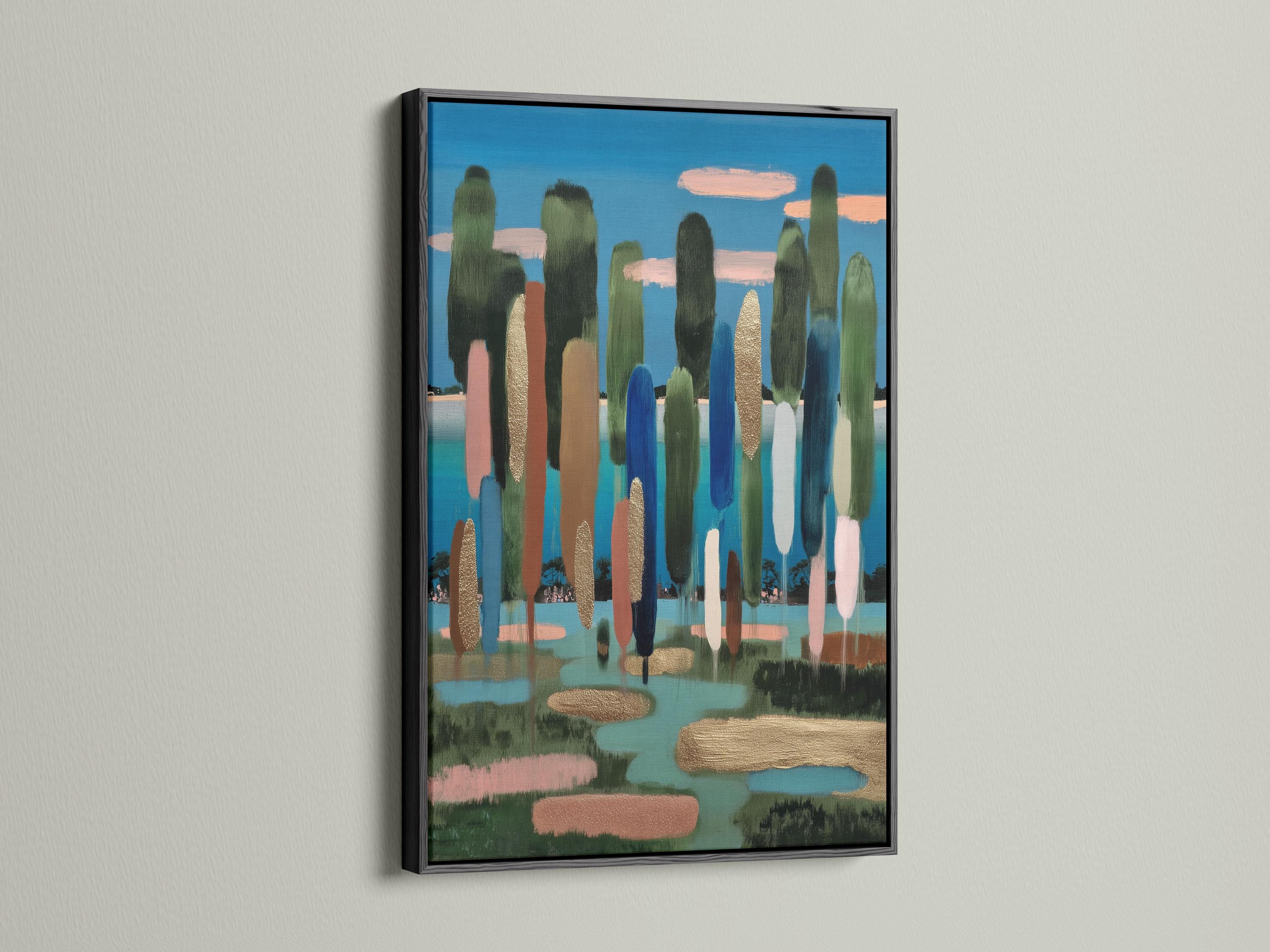 Abstract landscape with blue sky, tall green vertical shapes, and gold-toned reflections in water detail view