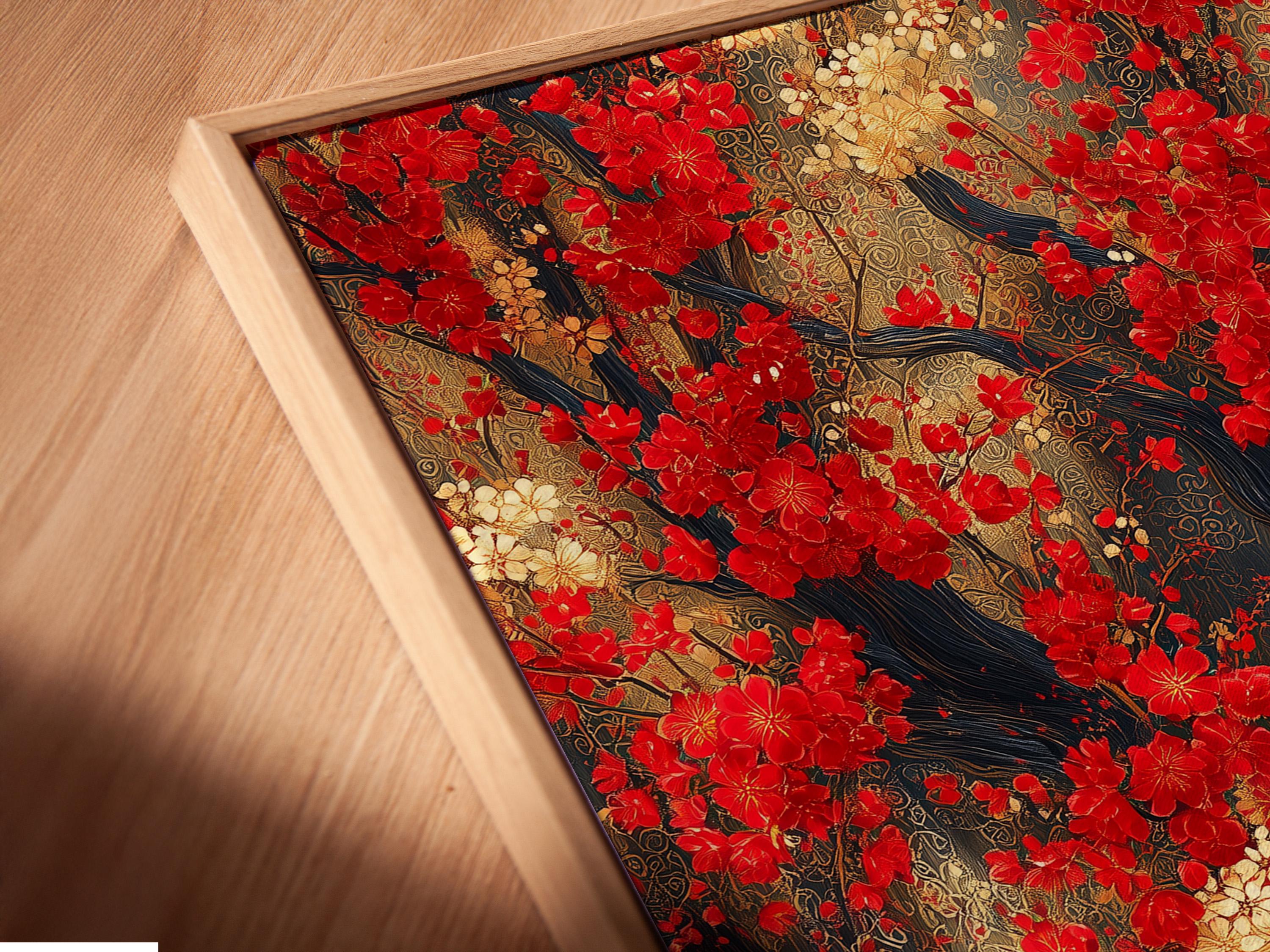 Red blossom tree artwork with dark branches and clusters of red, cream and gold flowers detail view