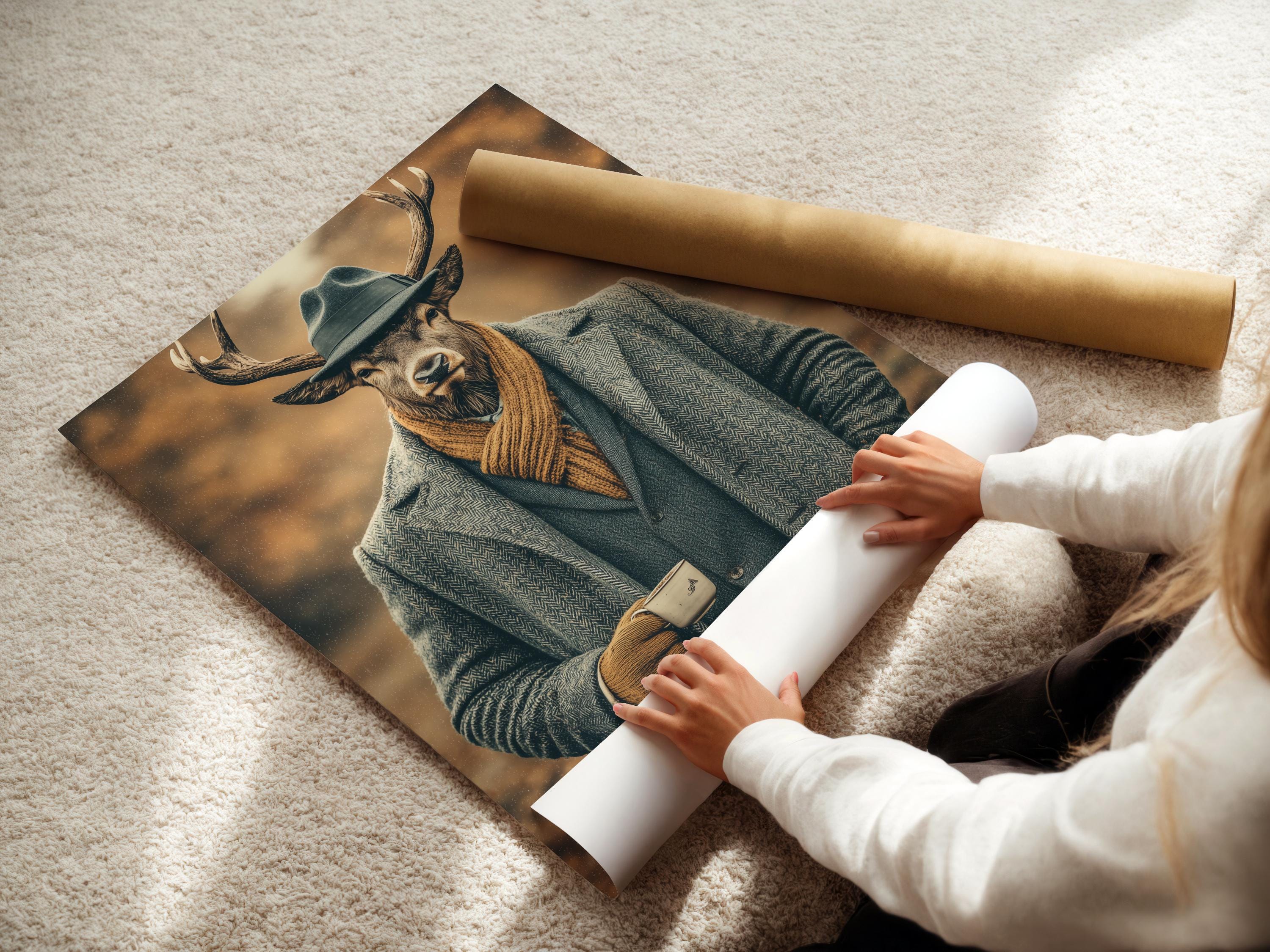 Gentleman deer portrait wearing a hat, suit jacket and scarf against a warm brown haze background detail view