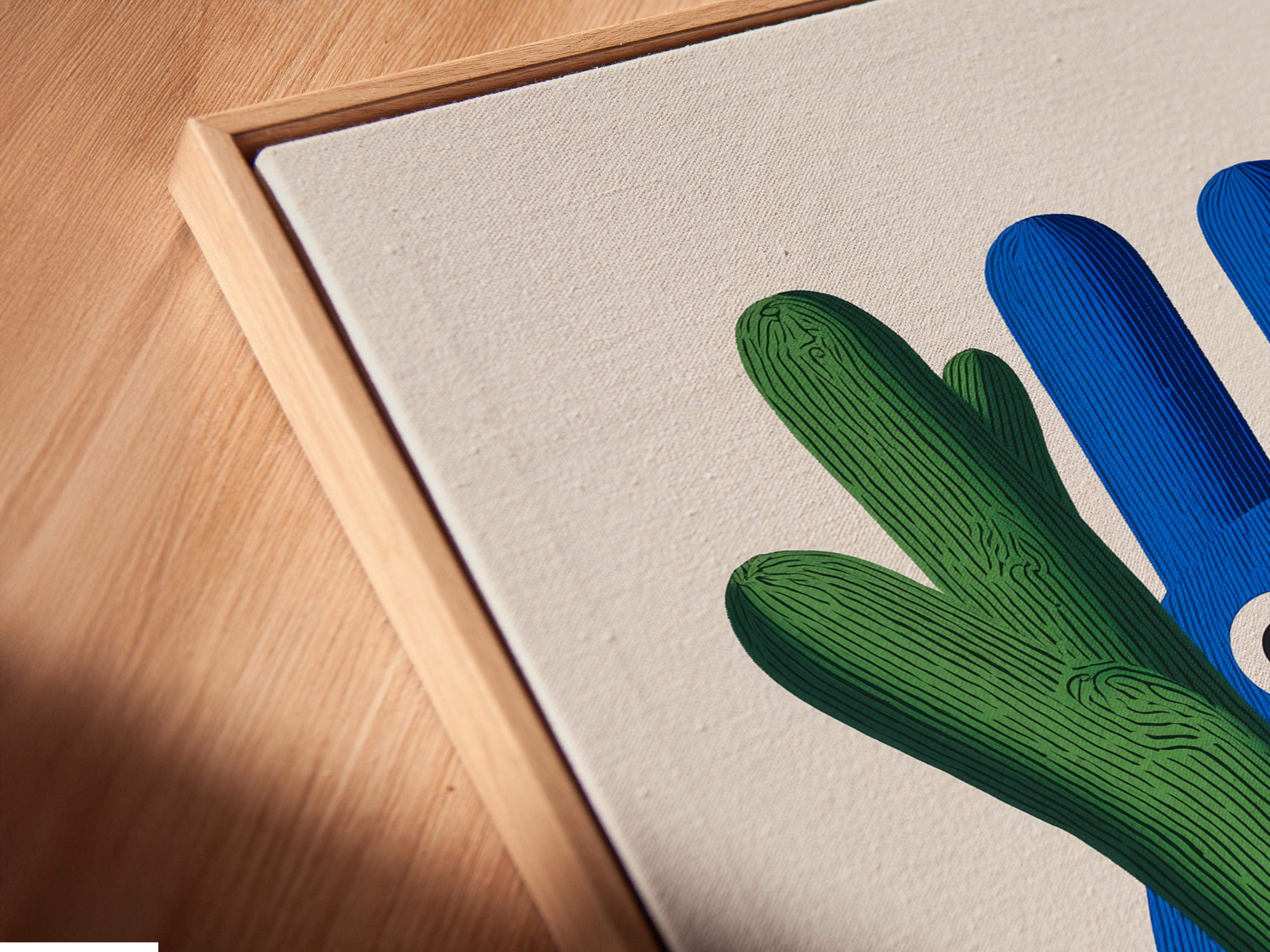 Blue cartoon bear holding green cactus arms on an off-white background detail view