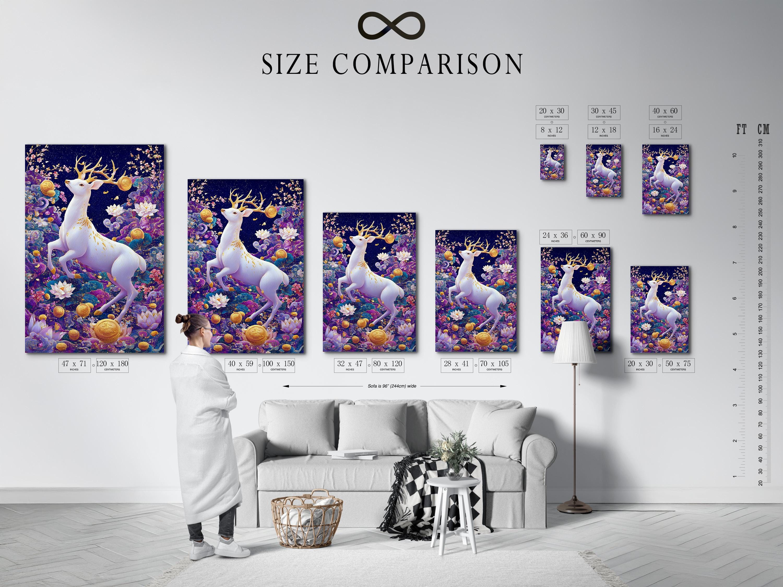 White deer with branching antlers in a navy and purple fantasy scene with lotus flowers and gold coins detail view