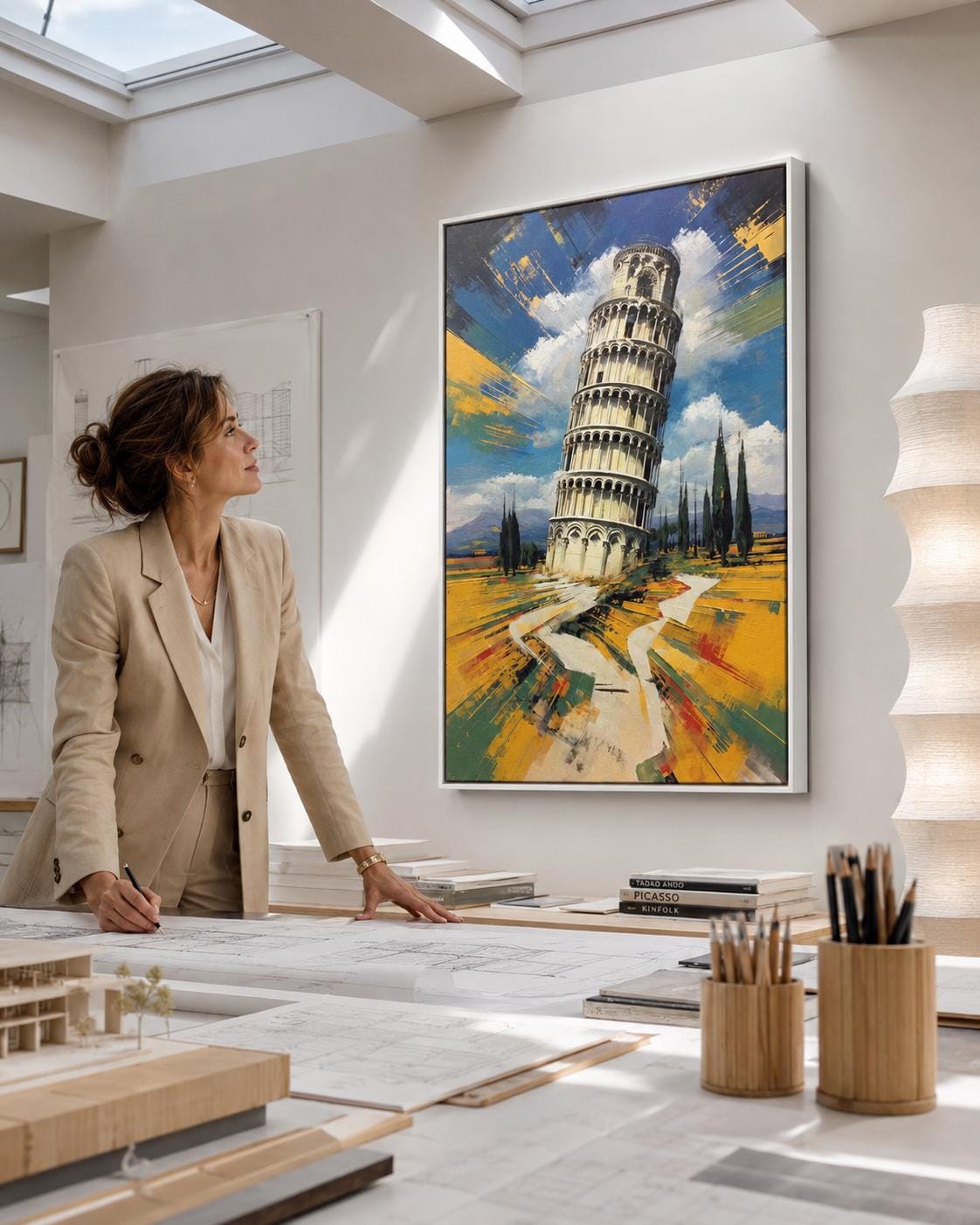 Man standing by a framed Leaning Tower of Pisa painting in an office-like room