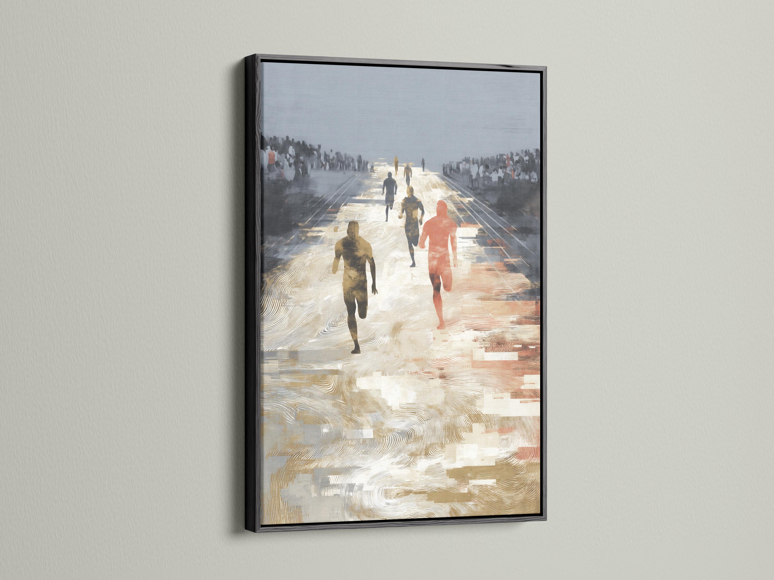 Stylised running scene with several runners on a sunlit path, beige and gold tones against blue-grey haze detail view