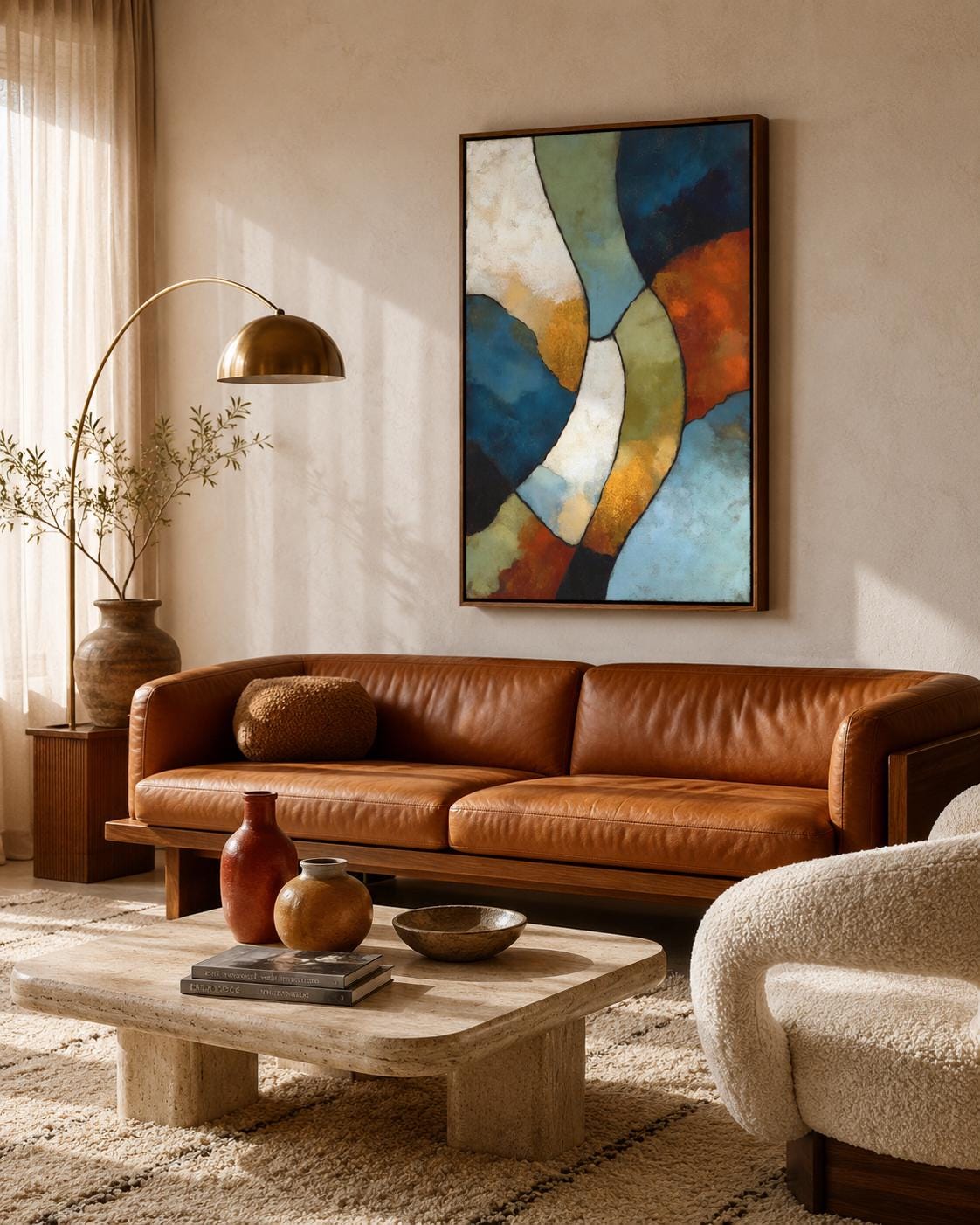 Man sitting on a sofa in a room, with an abstract geometric artwork on the wall
