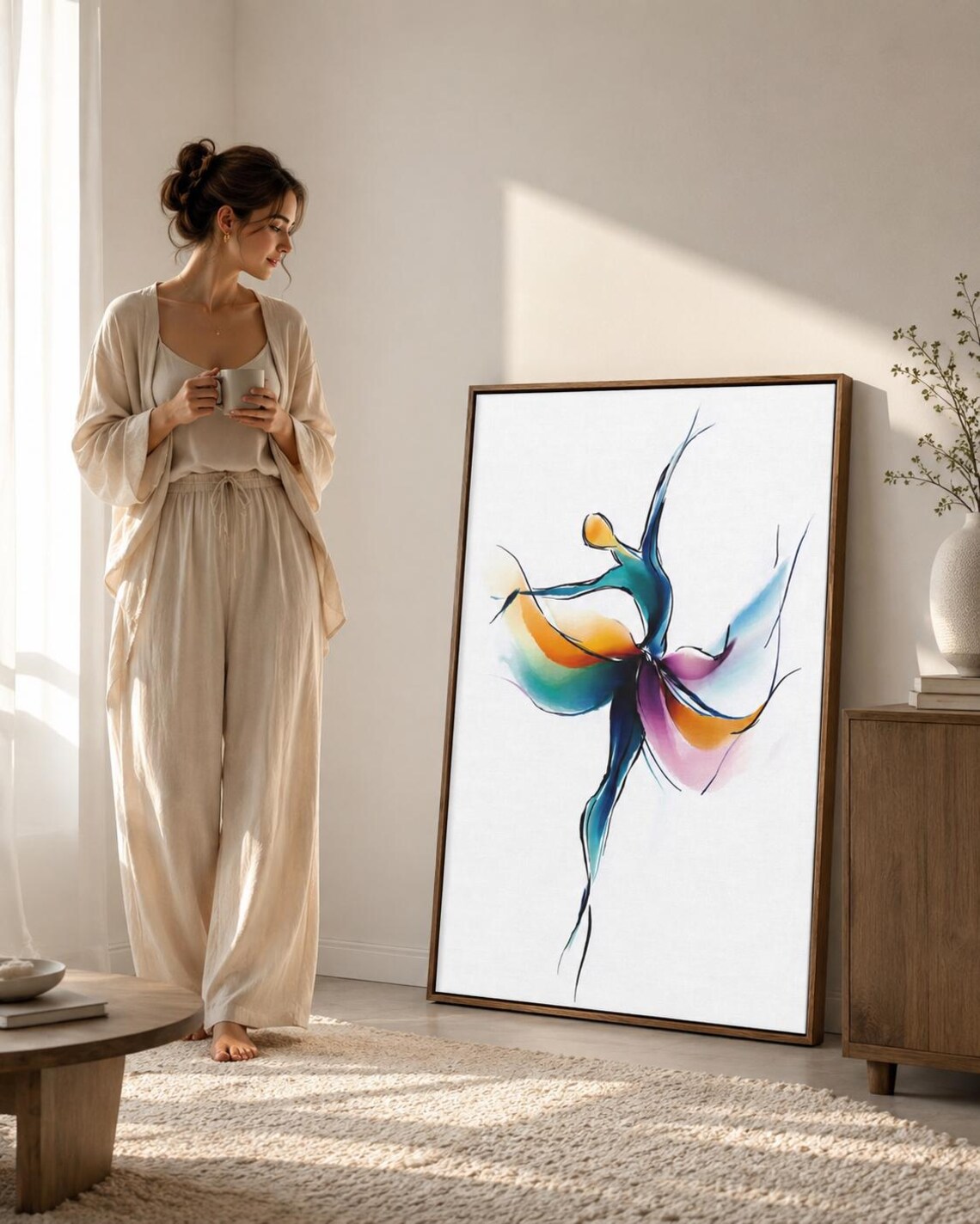 Woman stretching in a dance studio with a framed abstract dancer artwork on the wall