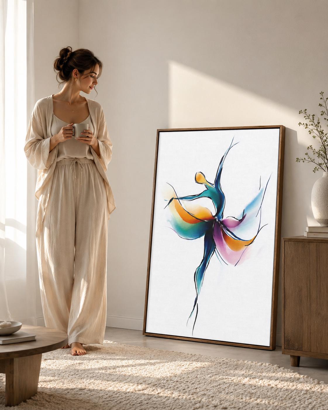 Woman stretching in a dance studio with a framed abstract dancer artwork on the wall